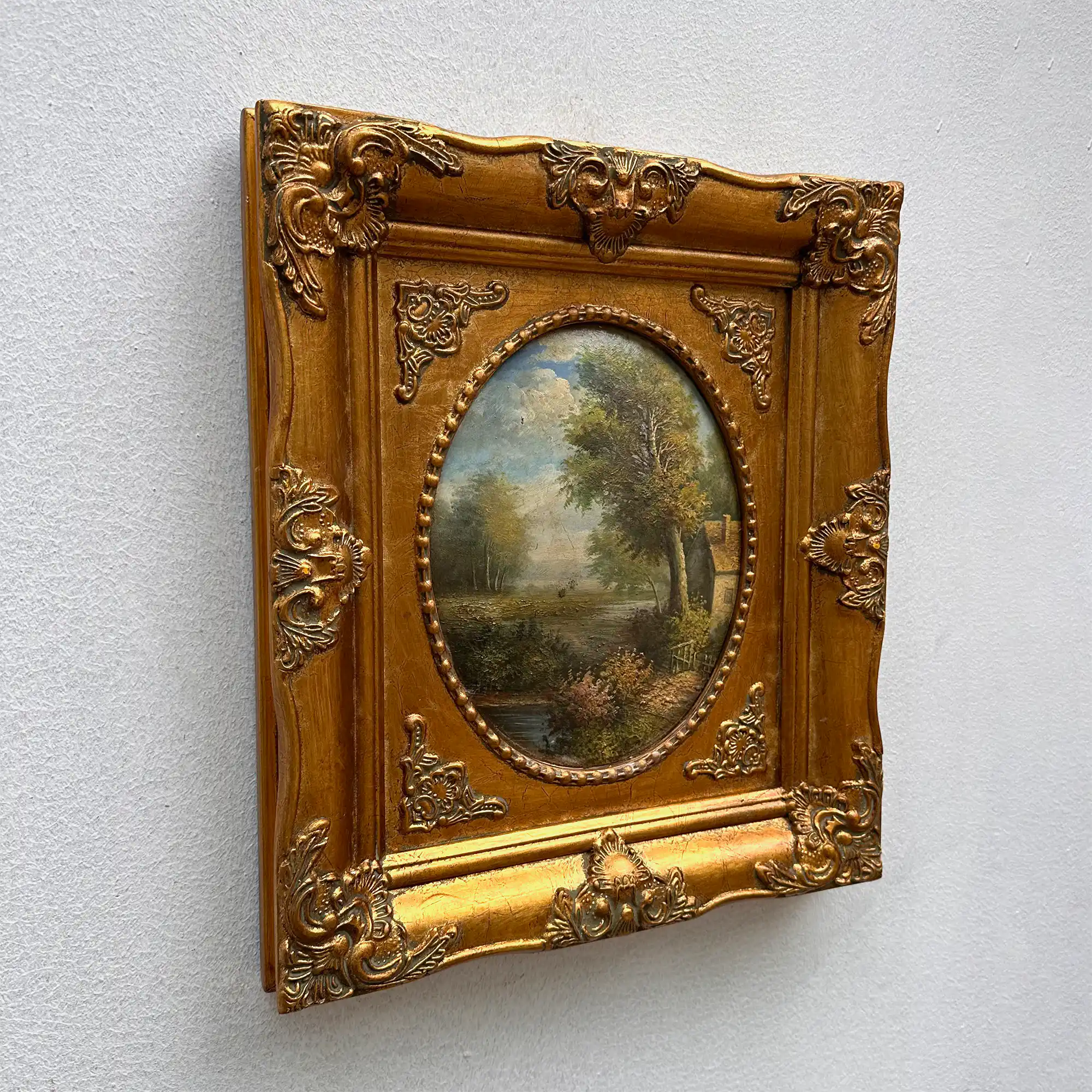 Vintage European Pastoral Landscape Oil Painting｜One-of-a-Kind Hand-Painted Artwork with Ornate Wood Frame 52x62cm - Vintage Oil Painting - Arden Gallery