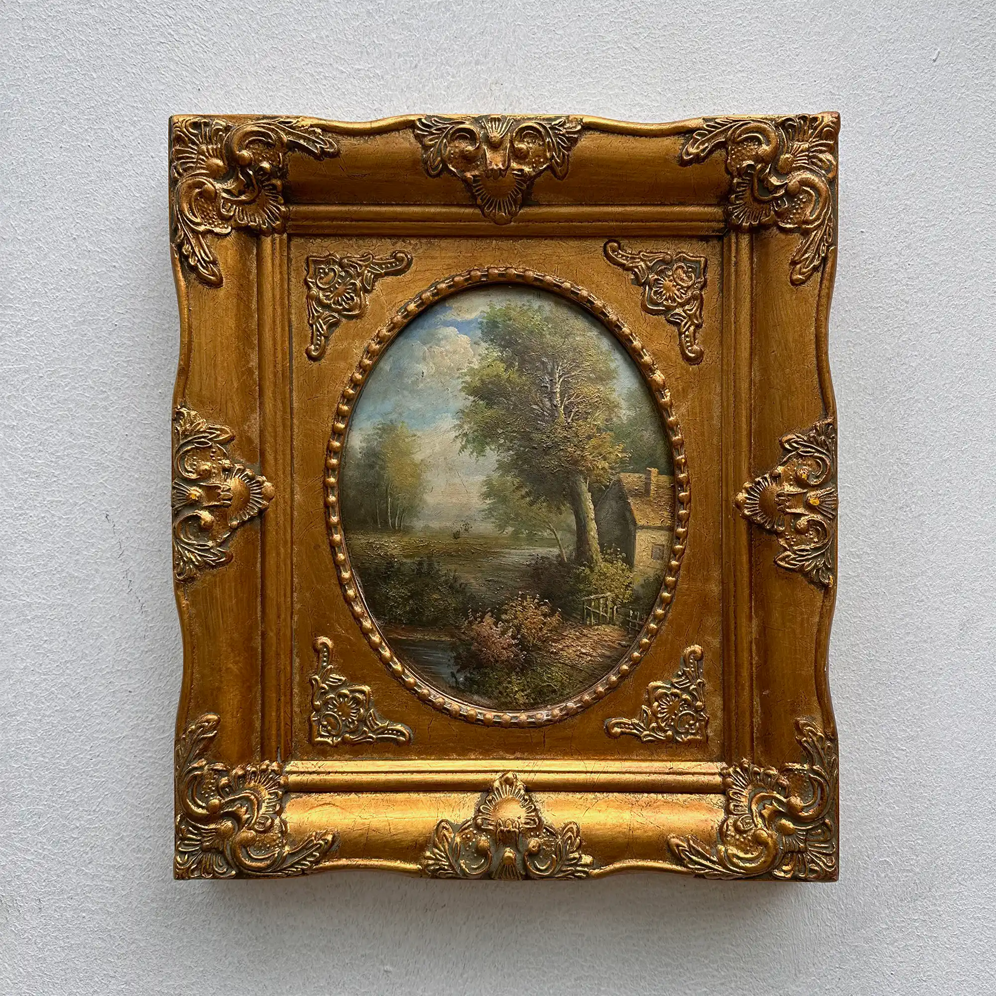 Vintage European Pastoral Landscape Oil Painting｜One-of-a-Kind Hand-Painted Artwork with Ornate Wood Frame 52x62cm - Vintage Oil Painting - Arden Gallery