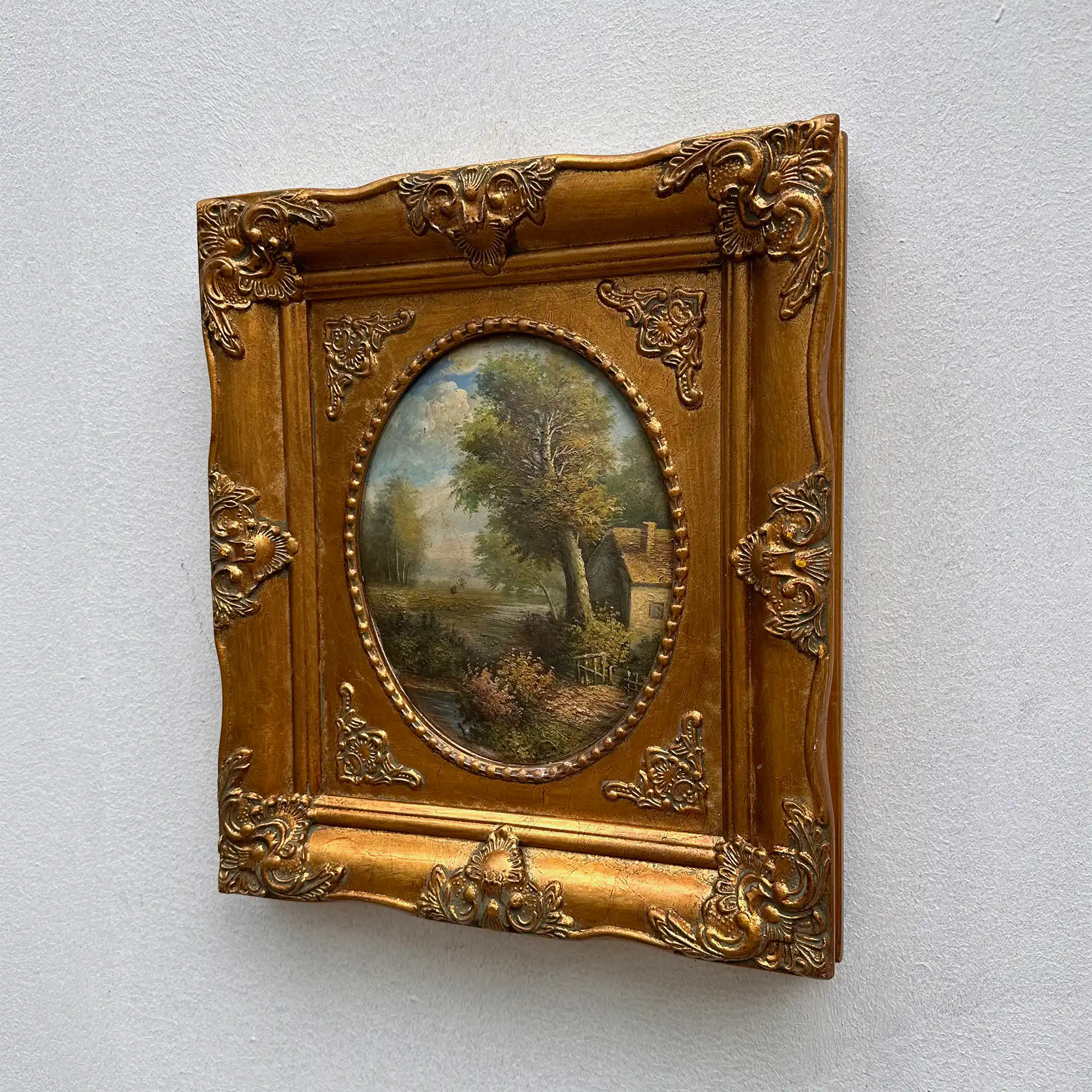 Vintage European Pastoral Landscape Oil Painting｜One-of-a-Kind Hand-Painted Artwork with Ornate Wood Frame 52x62cm - Vintage Oil Painting - Arden Gallery