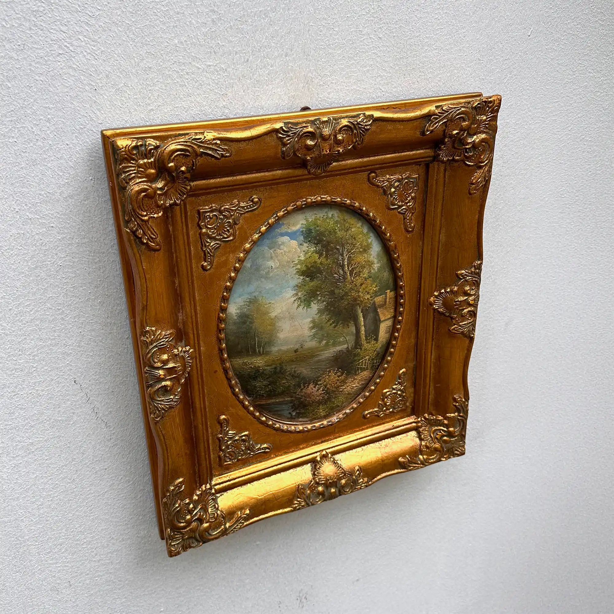 Vintage European Pastoral Landscape Oil Painting｜One-of-a-Kind Hand-Painted Artwork with Ornate Wood Frame 52x62cm - Vintage Oil Painting - Arden Gallery
