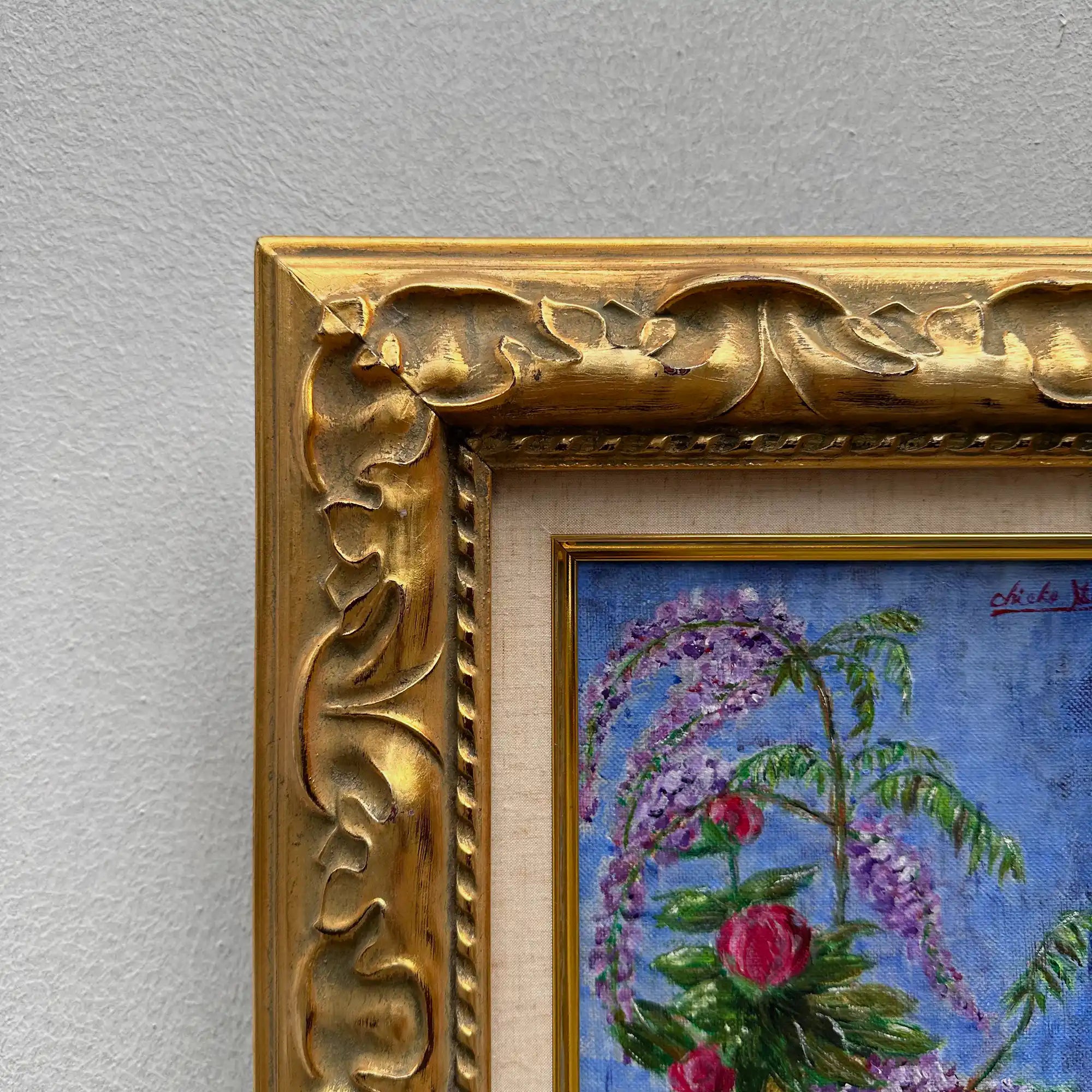 Vintage Floral Still Life Hand-Painted Oil Painting | Gold Carved Solid Wood Frame 32x39cm - Vintage Oil Painting - Arden Gallery