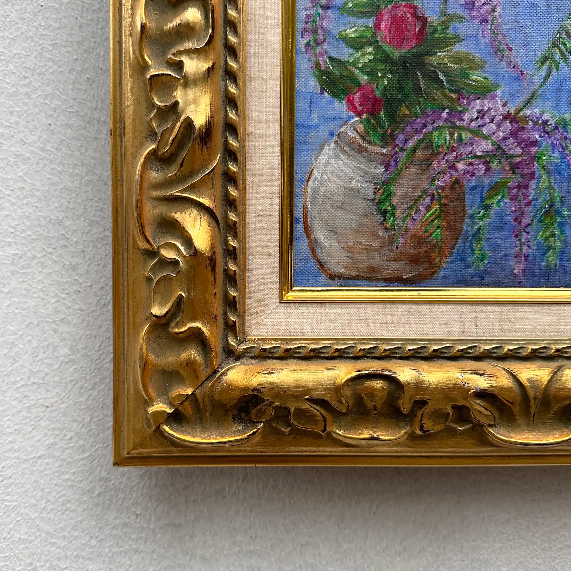 Vintage Floral Still Life Hand-Painted Oil Painting | Gold Carved Solid Wood Frame 32x39cm - Vintage Oil Painting - Arden Gallery