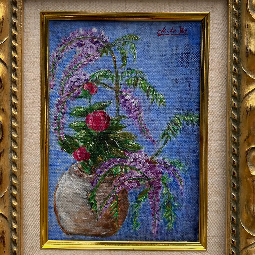 Vintage Floral Still Life Hand-Painted Oil Painting | Gold Carved Solid Wood Frame 32x39cm - Vintage Oil Painting - Arden Gallery