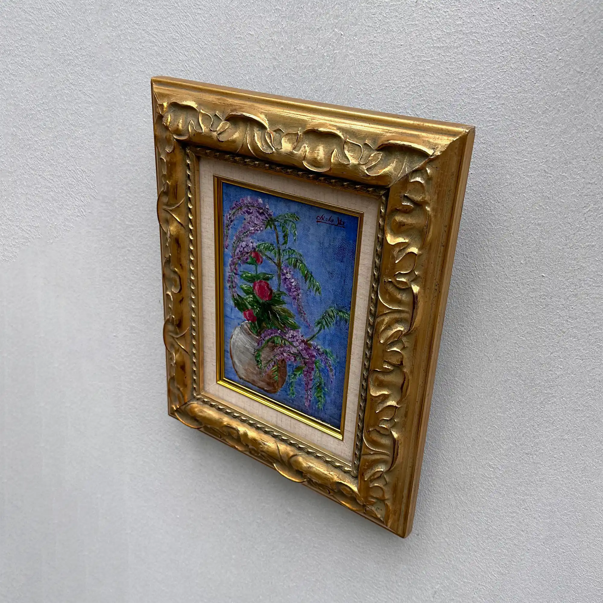 Vintage Floral Still Life Hand-Painted Oil Painting | Gold Carved Solid Wood Frame 32x39cm - Vintage Oil Painting - Arden Gallery