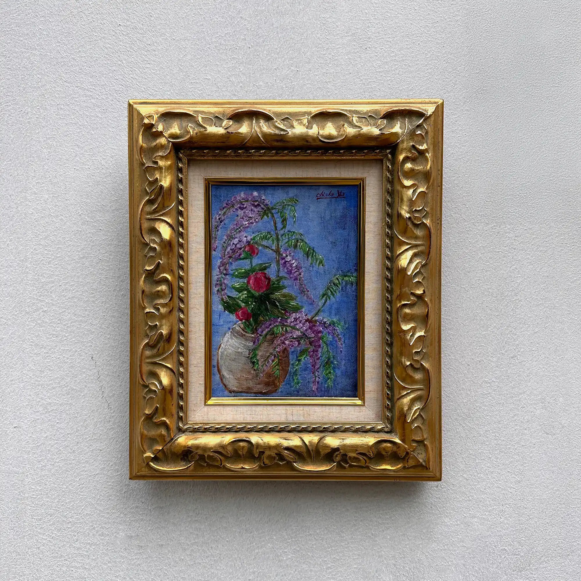 Vintage Floral Still Life Hand-Painted Oil Painting | Gold Carved Solid Wood Frame 32x39cm - Vintage Oil Painting - Arden Gallery