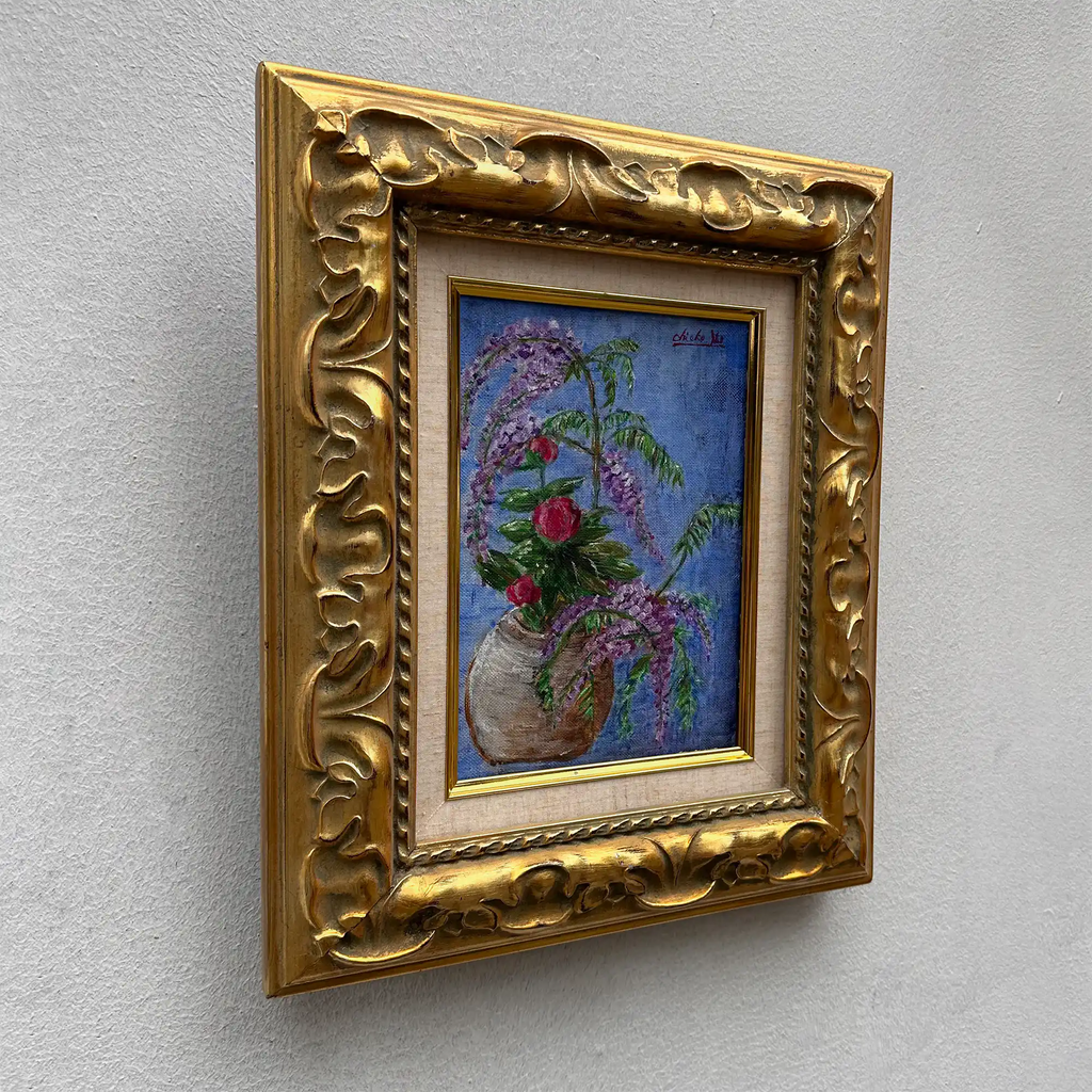 Vintage Floral Still Life Hand-Painted Oil Painting | Gold Carved Solid Wood Frame 32x39cm - Vintage Oil Painting - Arden Gallery