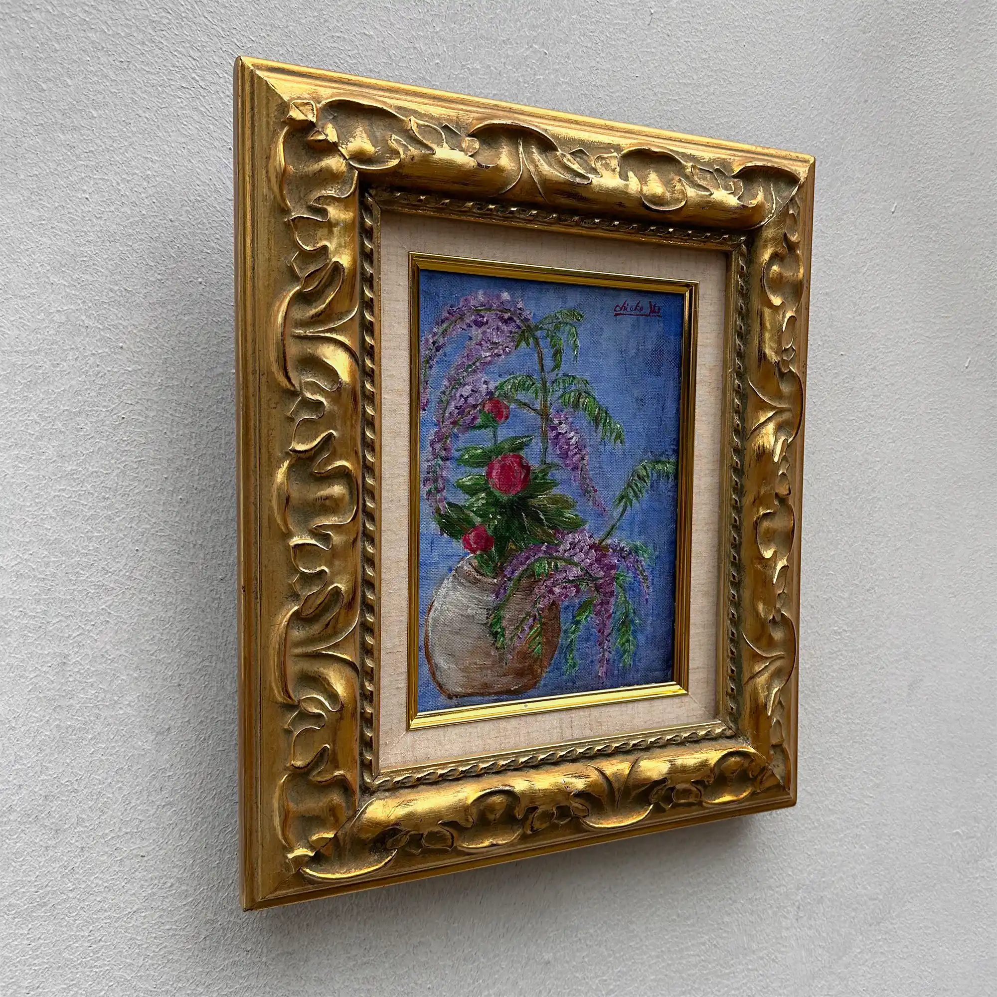 Vintage Floral Still Life Hand-Painted Oil Painting | Gold Carved Solid Wood Frame 32x39cm - Vintage Oil Painting - Arden Gallery