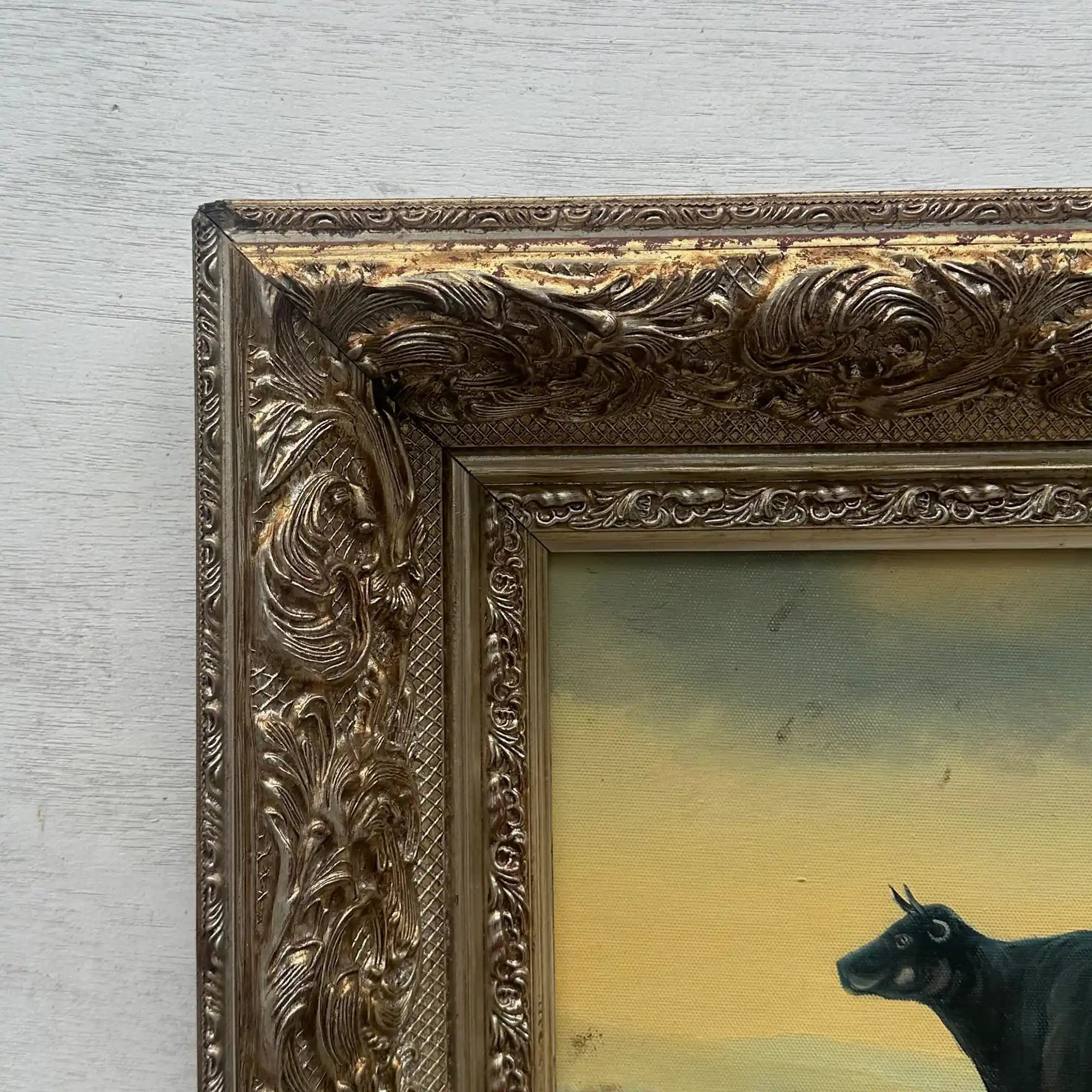 Vintage French Country Cattle Pastoral Oil Painting, Ornate Baroque Framed Farmhouse Landscape Art - Vintage Oil Painting - Arden Gallery