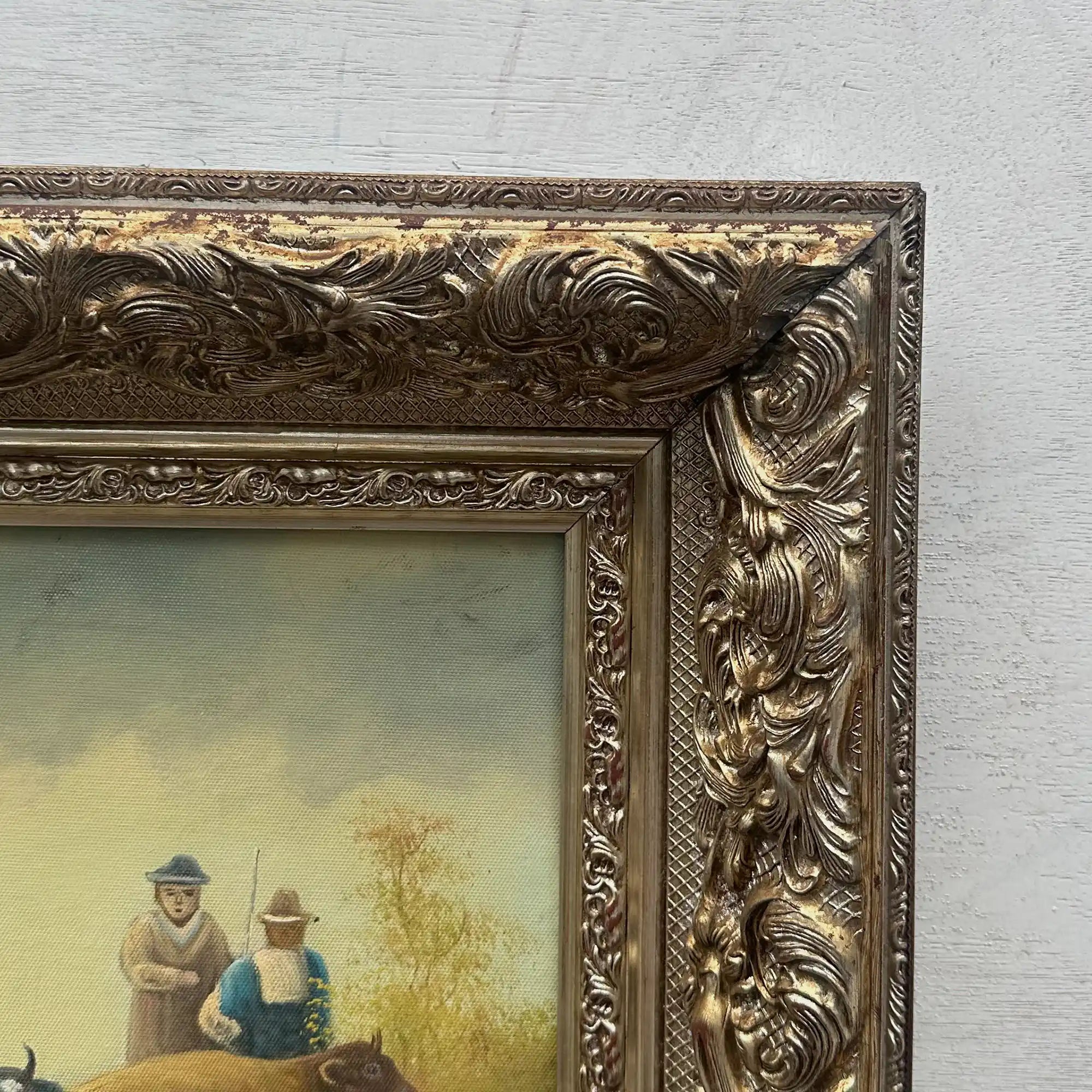 Vintage French Country Cattle Pastoral Oil Painting, Ornate Baroque Framed Farmhouse Landscape Art - Vintage Oil Painting - Arden Gallery