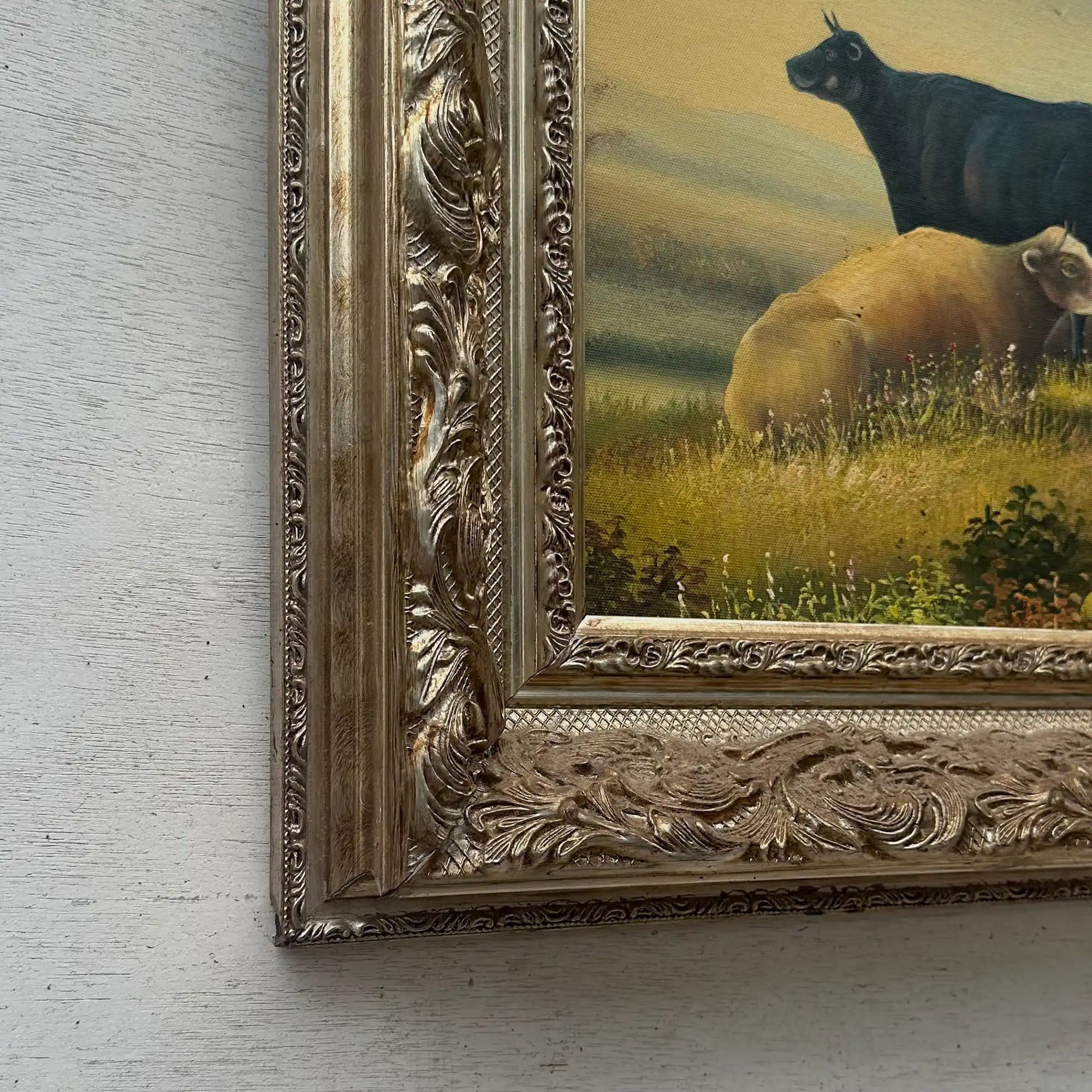 Vintage French Country Cattle Pastoral Oil Painting, Ornate Baroque Framed Farmhouse Landscape Art - Vintage Oil Painting - Arden Gallery