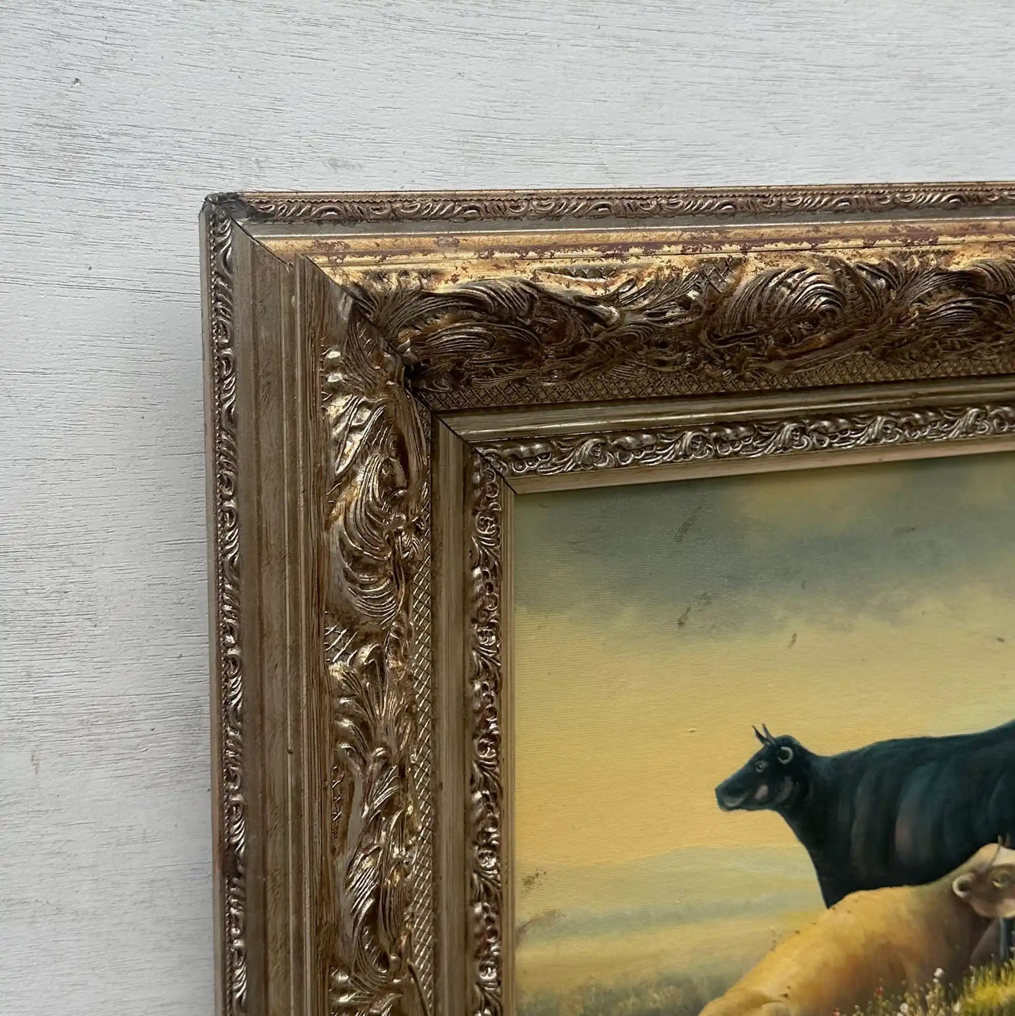 Vintage French Country Cattle Pastoral Oil Painting, Ornate Baroque Framed Farmhouse Landscape Art - Vintage Oil Painting - Arden Gallery