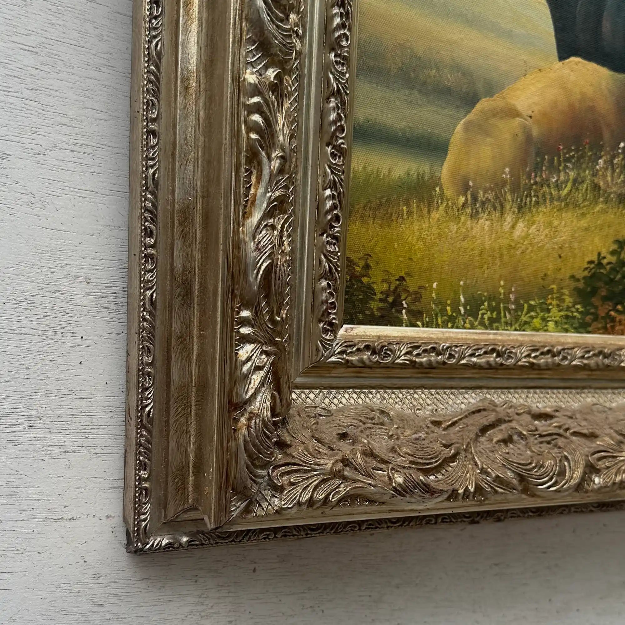 Vintage French Country Cattle Pastoral Oil Painting, Ornate Baroque Framed Farmhouse Landscape Art - Vintage Oil Painting - Arden Gallery