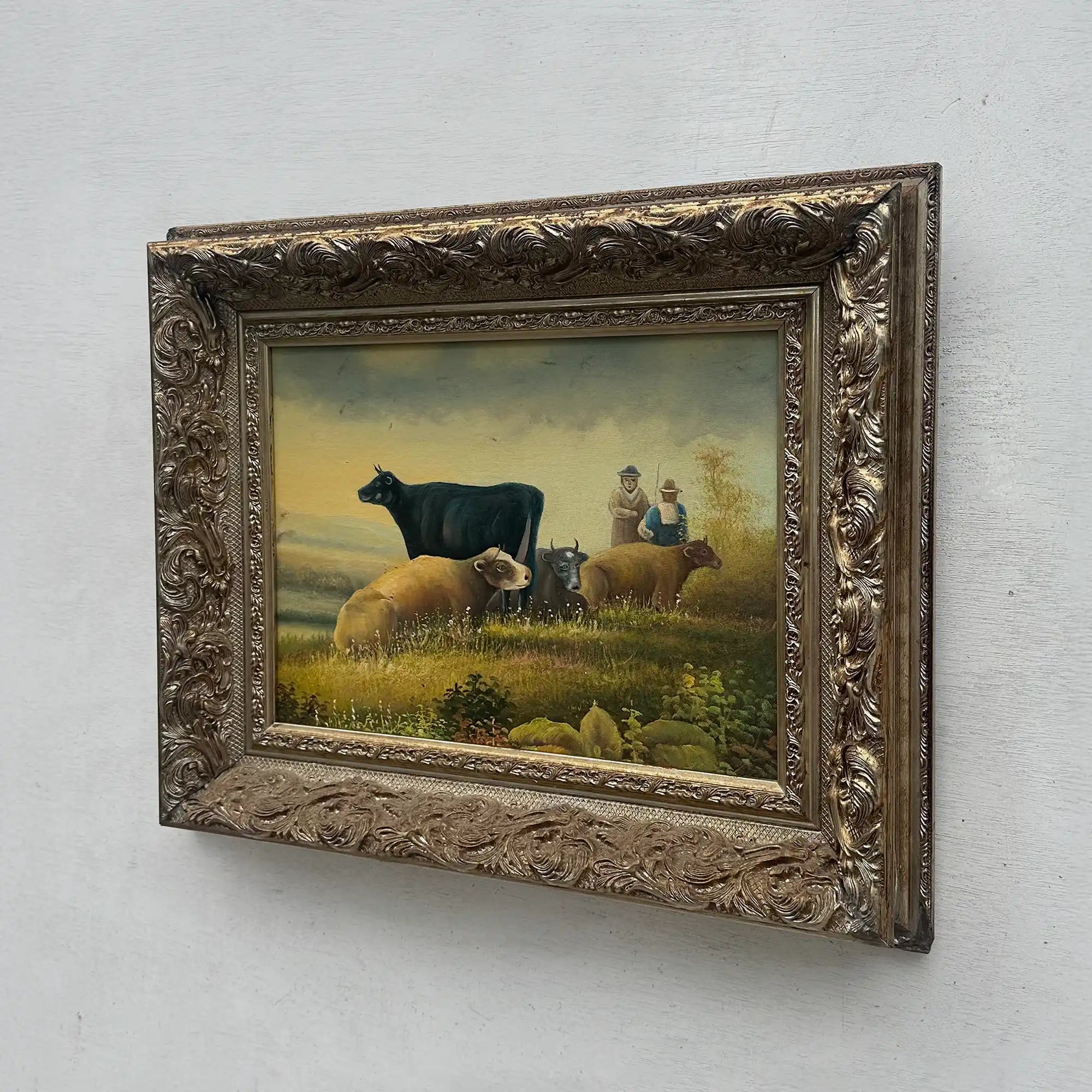Vintage French Country Cattle Pastoral Oil Painting, Ornate Baroque Framed Farmhouse Landscape Art - Vintage Oil Painting - Arden Gallery