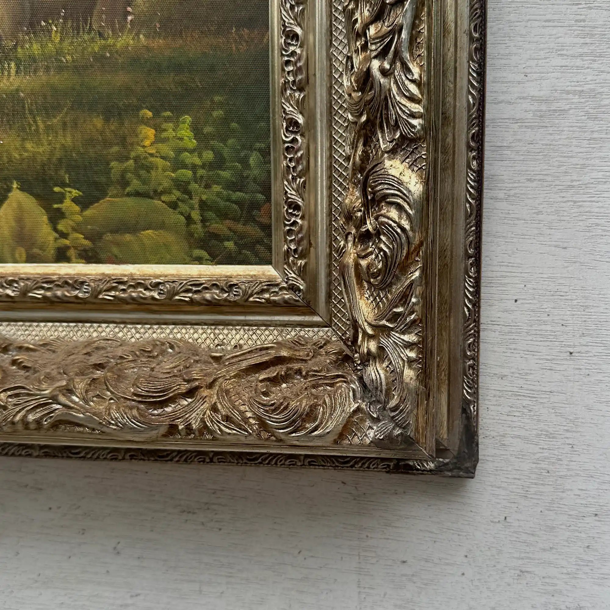 Vintage French Country Cattle Pastoral Oil Painting, Ornate Baroque Framed Farmhouse Landscape Art - Vintage Oil Painting - Arden Gallery