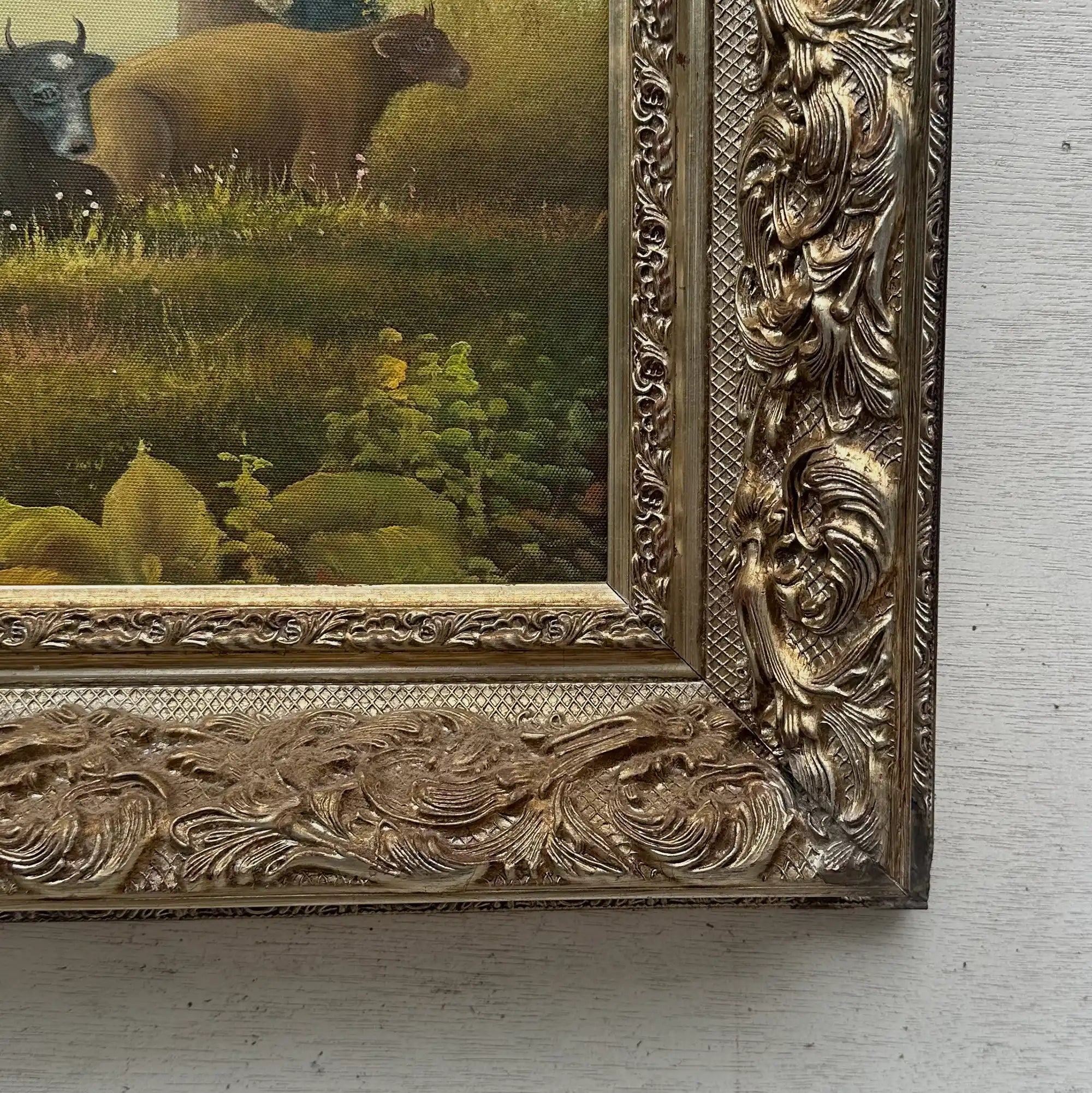 Vintage French Country Cattle Pastoral Oil Painting, Ornate Baroque Framed Farmhouse Landscape Art - Vintage Oil Painting - Arden Gallery