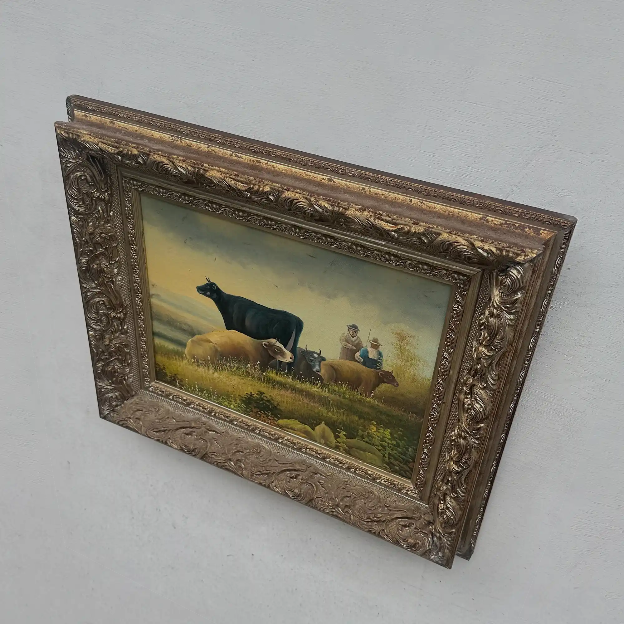 Vintage French Country Cattle Pastoral Oil Painting, Ornate Baroque Framed Farmhouse Landscape Art - Vintage Oil Painting - Arden Gallery