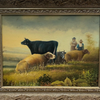 Vintage French Country Cattle Pastoral Oil Painting, Ornate Baroque Framed Farmhouse Landscape Art - Vintage Oil Painting - Arden Gallery