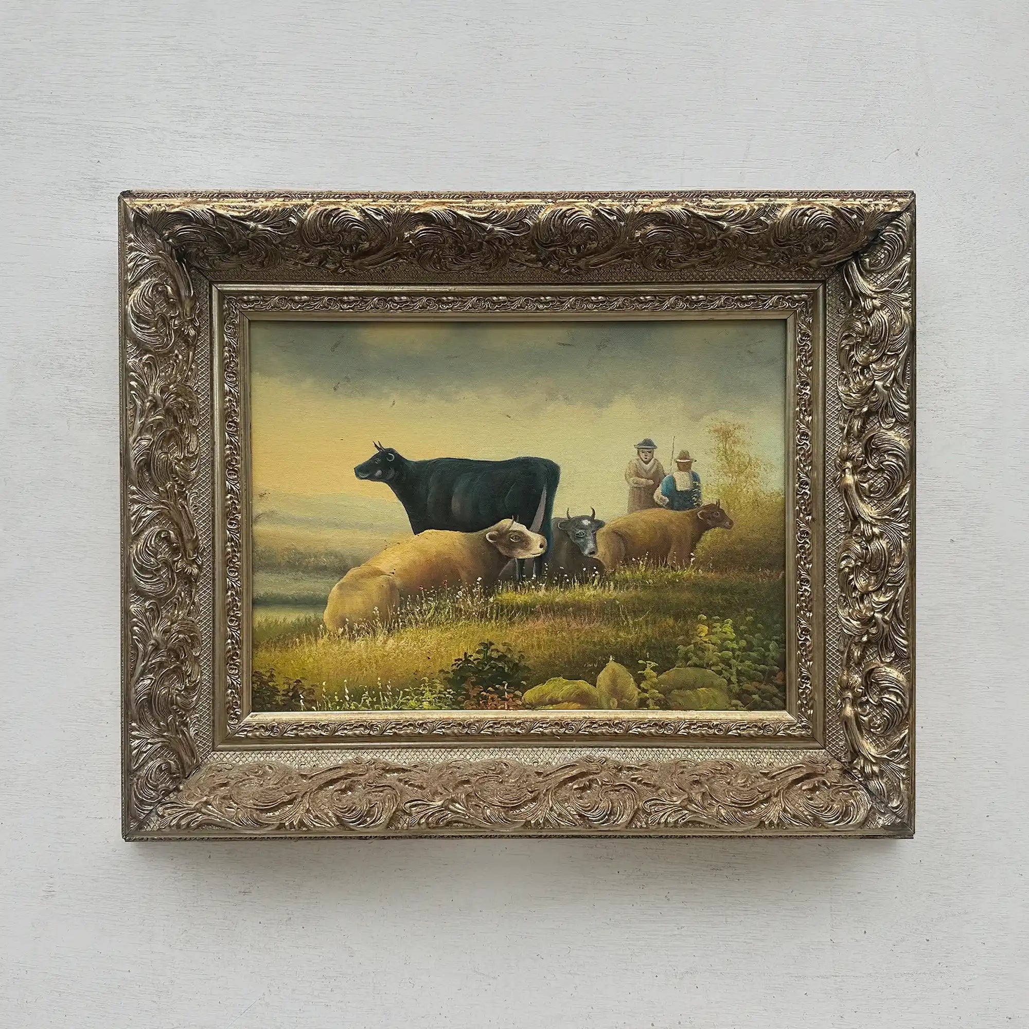 Vintage French Country Cattle Pastoral Oil Painting, Ornate Baroque Framed Farmhouse Landscape Art - Vintage Oil Painting - Arden Gallery