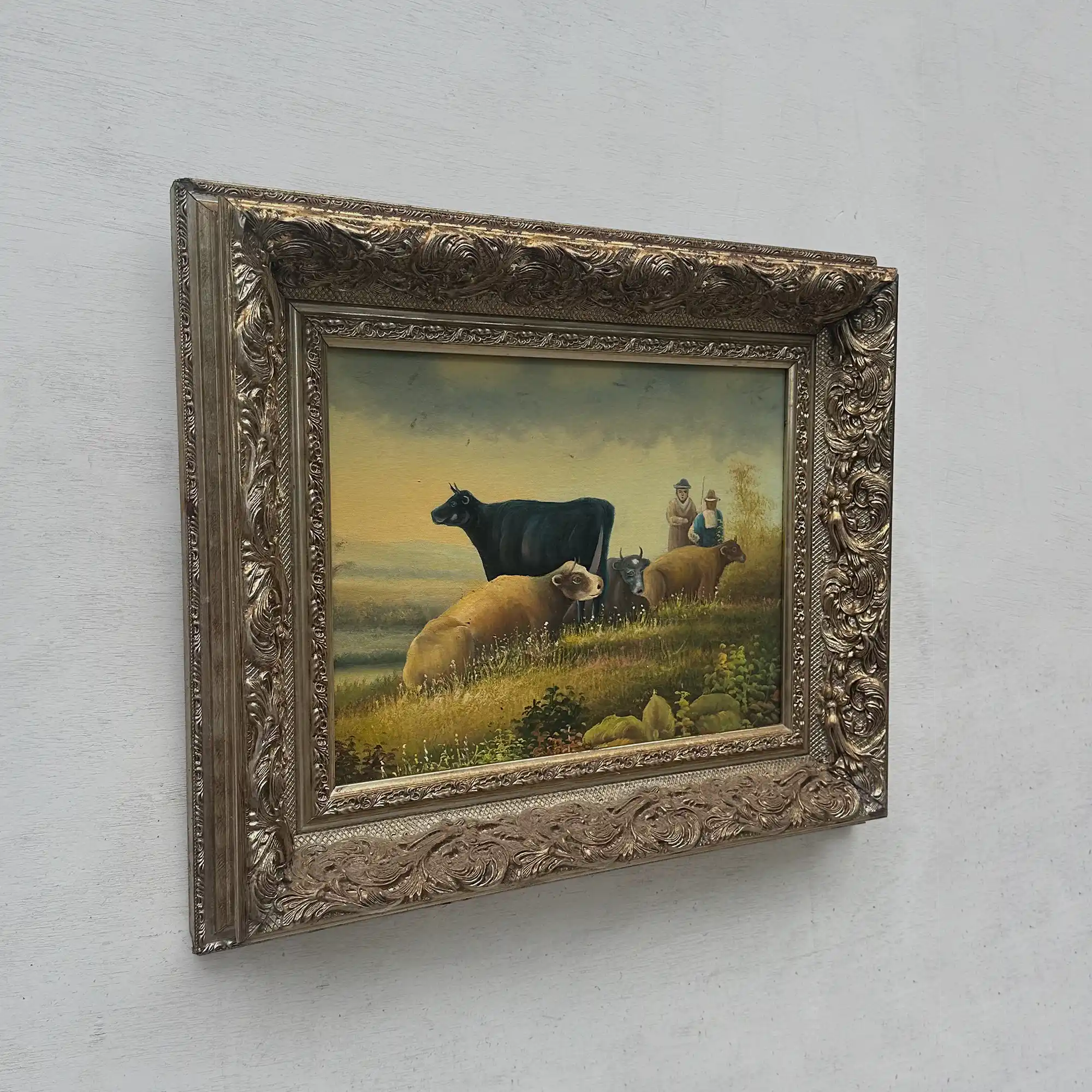 Vintage French Country Cattle Pastoral Oil Painting, Ornate Baroque Framed Farmhouse Landscape Art - Vintage Oil Painting - Arden Gallery