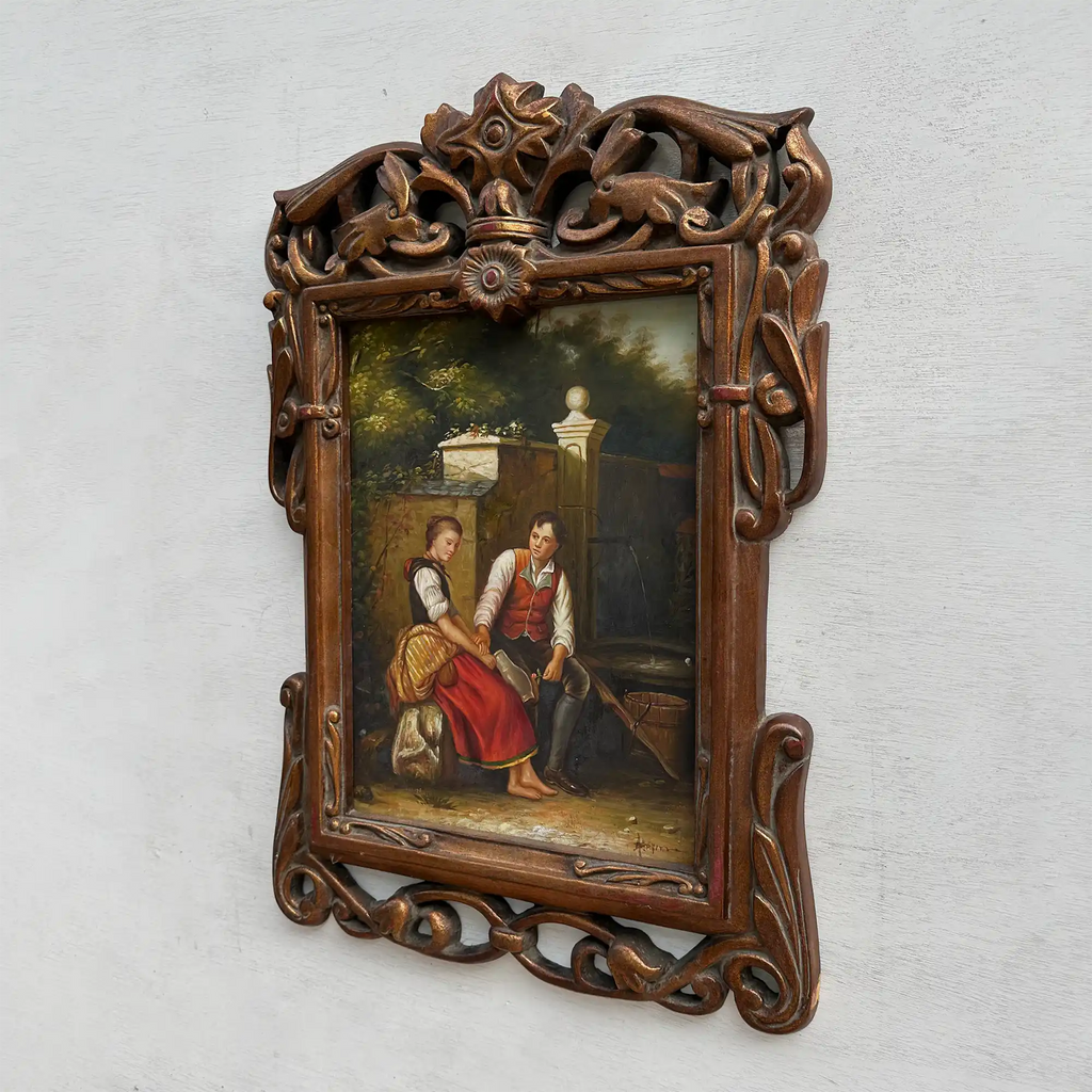 Vintage Genre Painting, European Couple Scene, Romantic Figurative Wall Art, Classical Antique Style Decor, One of a Kind 45x65cm - Vintage Oil Painting - Arden Gallery
