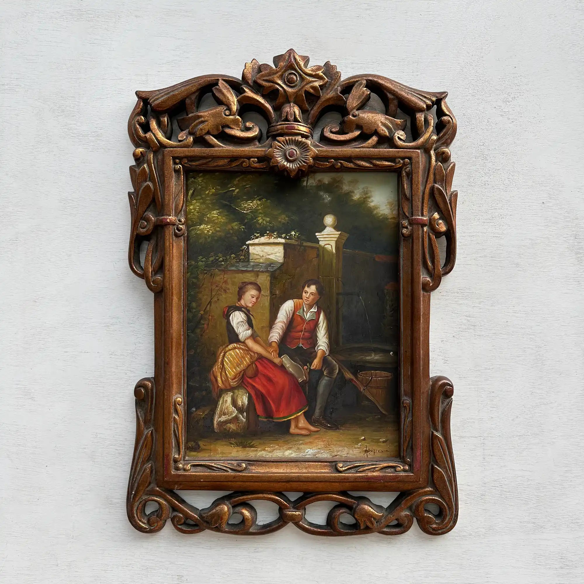 Vintage Genre Painting, European Couple Scene, Romantic Figurative Wall Art, Classical Antique Style Decor, One of a Kind 45x65cm - Vintage Oil Painting - Arden Gallery