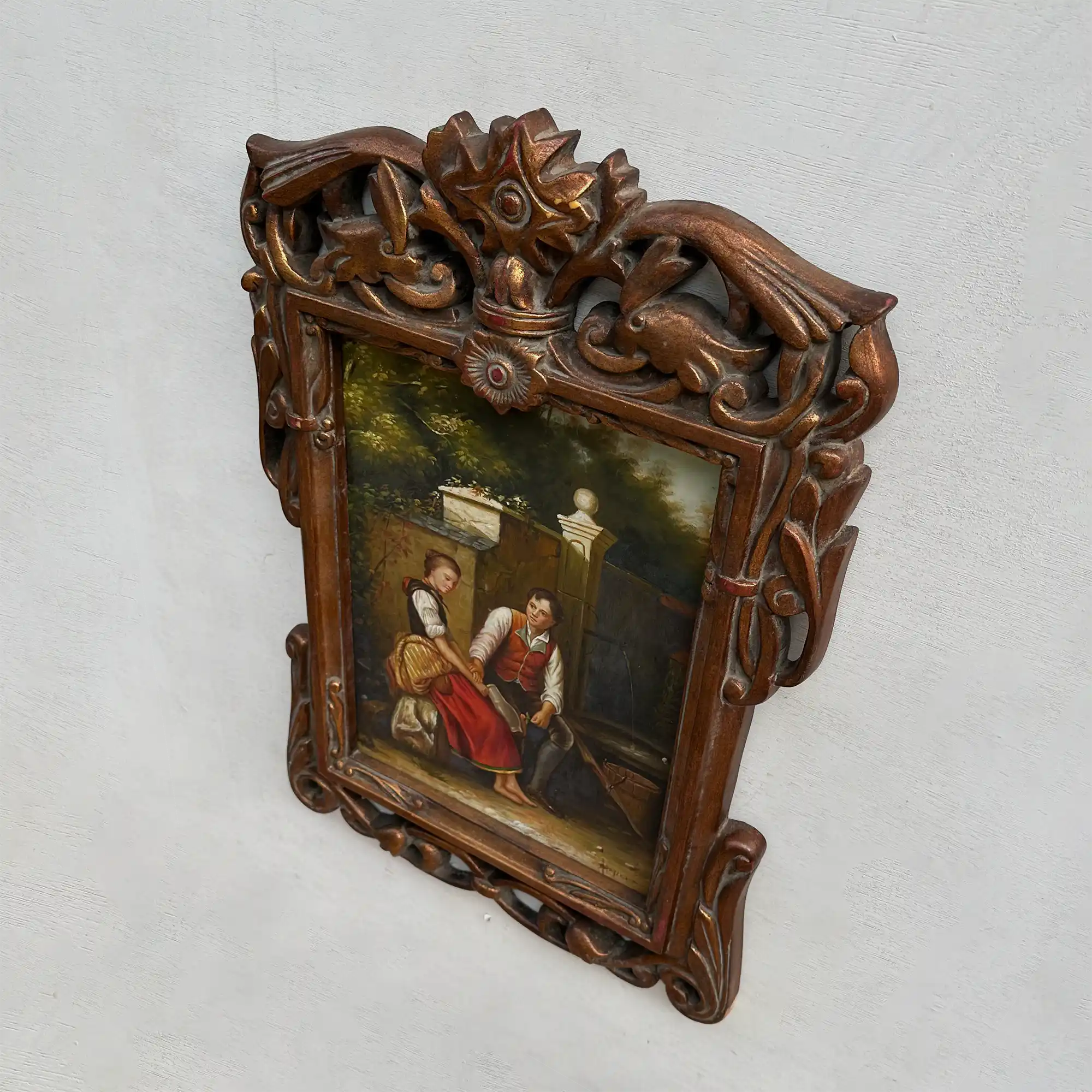 Vintage Genre Painting, European Couple Scene, Romantic Figurative Wall Art, Classical Antique Style Decor, One of a Kind 45x65cm - Vintage Oil Painting - Arden Gallery