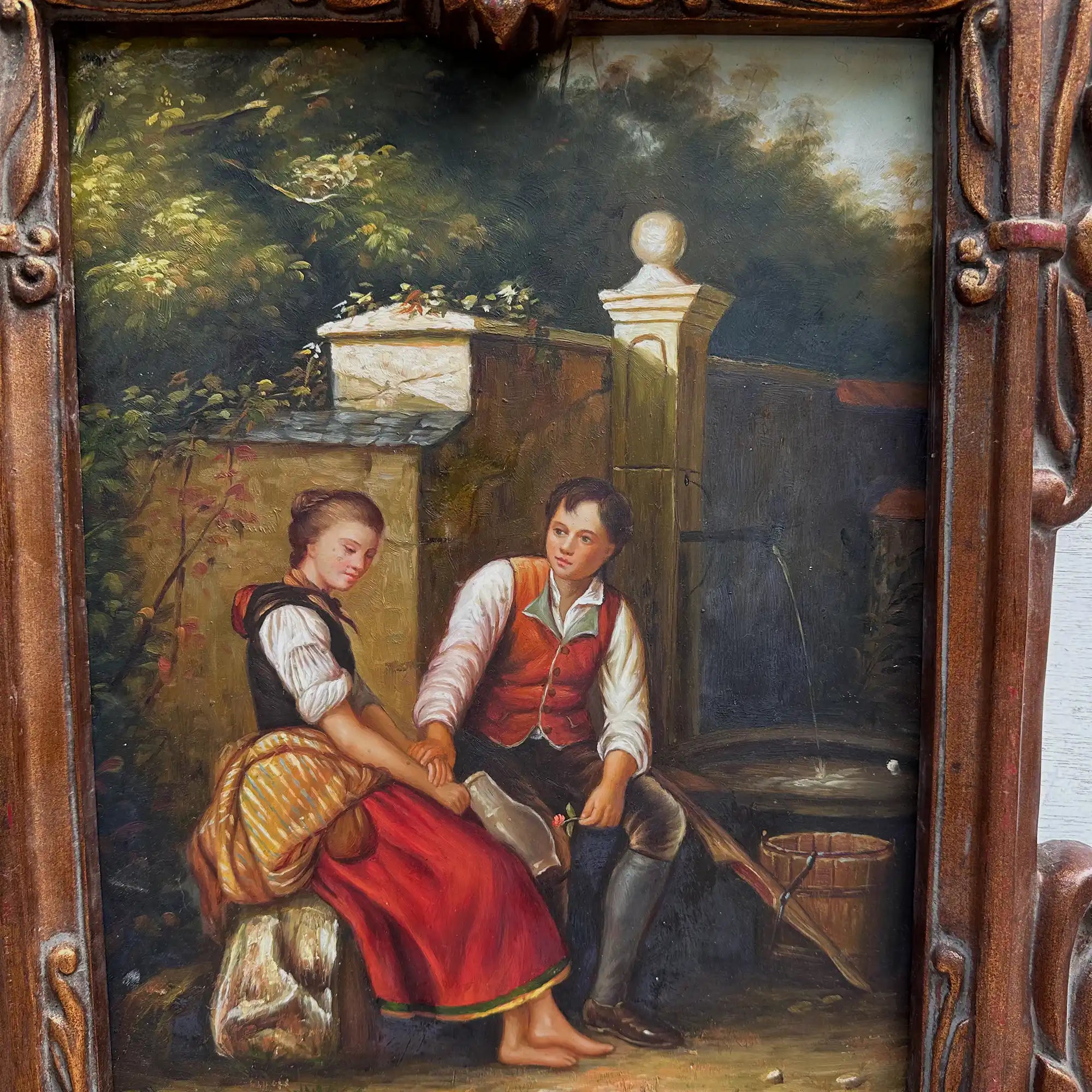 Vintage Genre Painting, European Couple Scene, Romantic Figurative Wall Art, Classical Antique Style Decor, One of a Kind 45x65cm - Vintage Oil Painting - Arden Gallery