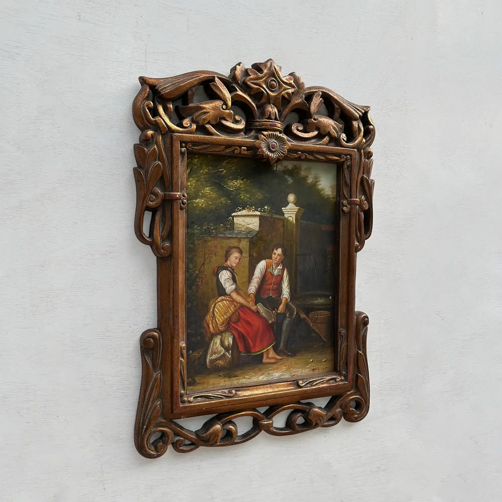 Vintage Genre Painting, European Couple Scene, Romantic Figurative Wall Art, Classical Antique Style Decor, One of a Kind 45x65cm - Vintage Oil Painting - Arden Gallery