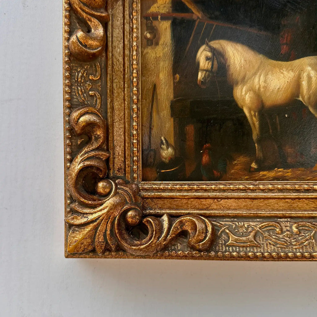 Vintage Horse Oil Painting | Baroque Carved Gold Frame | Mid-20th Century Artwork 26x21cm - Vintage Oil Painting - Arden Gallery