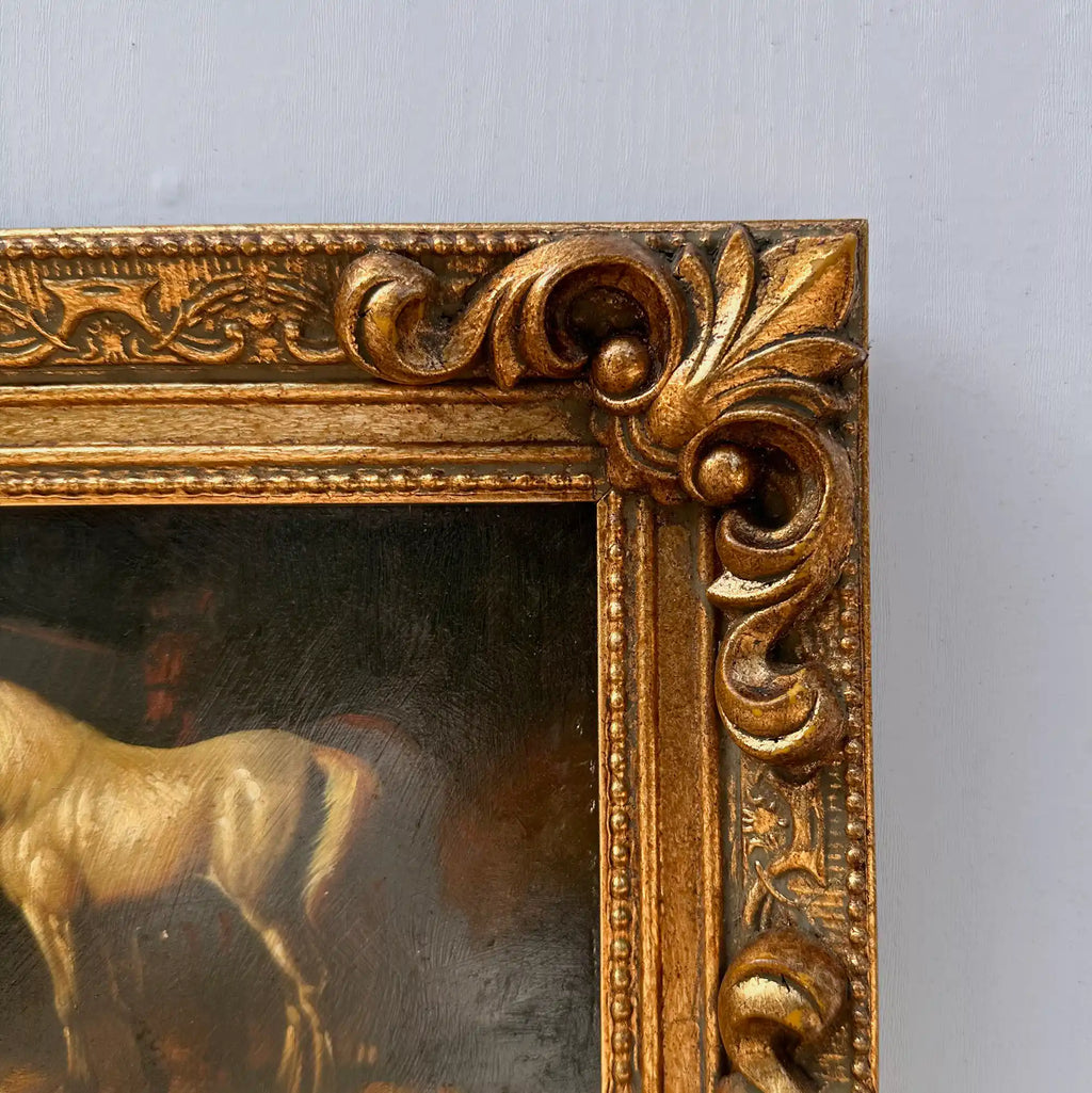 Vintage Horse Oil Painting | Baroque Carved Gold Frame | Mid-20th Century Artwork 26x21cm - Vintage Oil Painting - Arden Gallery
