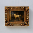 Vintage Horse Oil Painting | Baroque Carved Gold Frame | Mid-20th Century Artwork 26x21cm - Vintage Oil Painting - Arden Gallery
