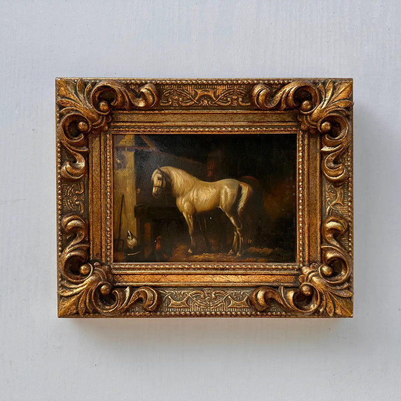 Vintage Horse Oil Painting | Baroque Carved Gold Frame | Mid-20th Century Artwork 26x21cm - Vintage Oil Painting - Arden Gallery