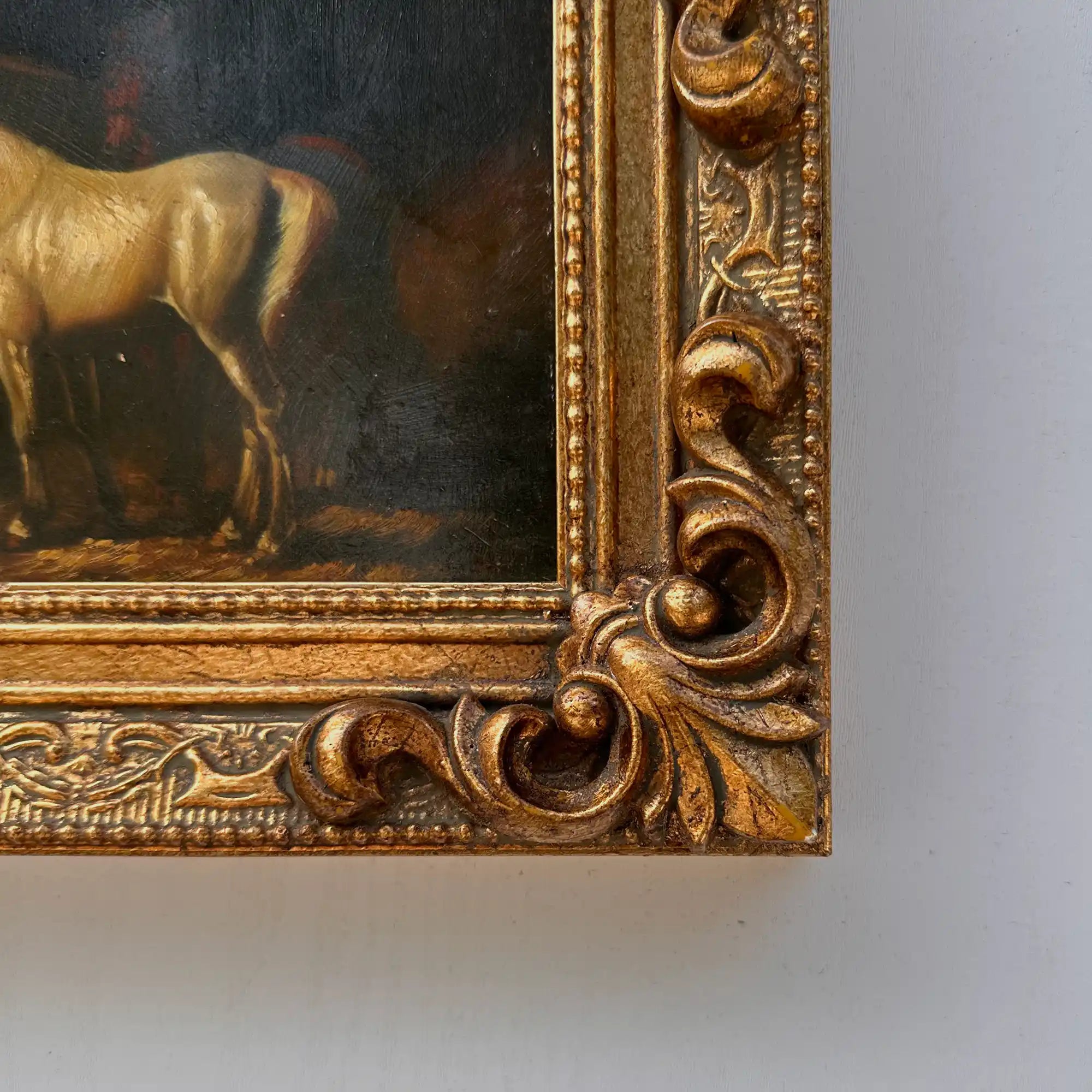 Vintage Horse Oil Painting | Baroque Carved Gold Frame | Mid-20th Century Artwork 26x21cm - Vintage Oil Painting - Arden Gallery