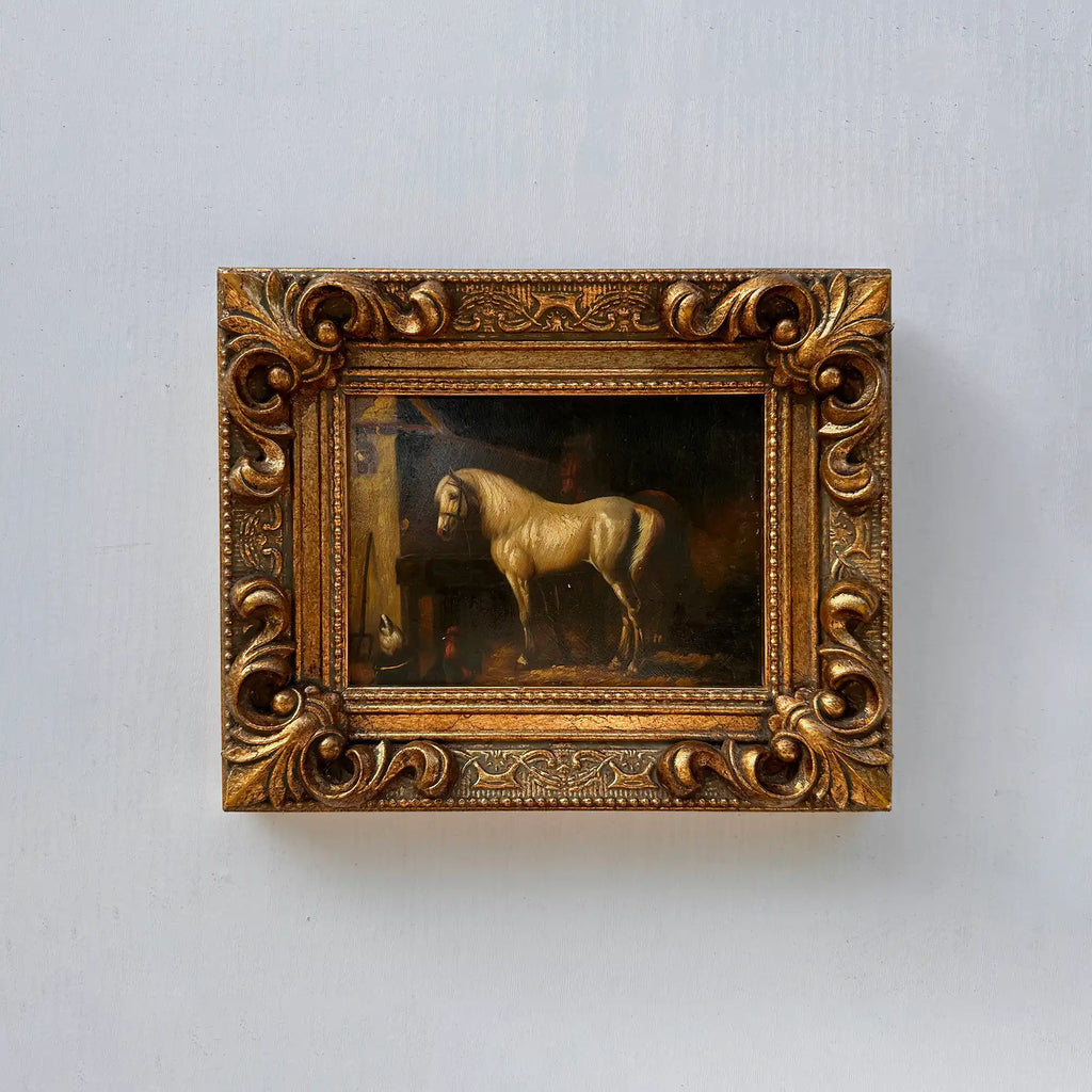 Vintage Horse Oil Painting | Baroque Carved Gold Frame | Mid-20th Century Artwork 26x21cm - Vintage Oil Painting - Arden Gallery