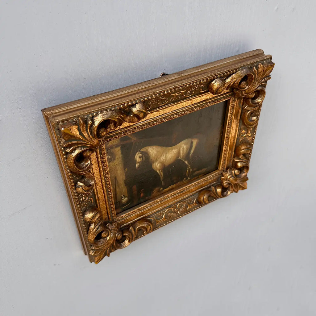Vintage Horse Oil Painting | Baroque Carved Gold Frame | Mid-20th Century Artwork 26x21cm - Vintage Oil Painting - Arden Gallery