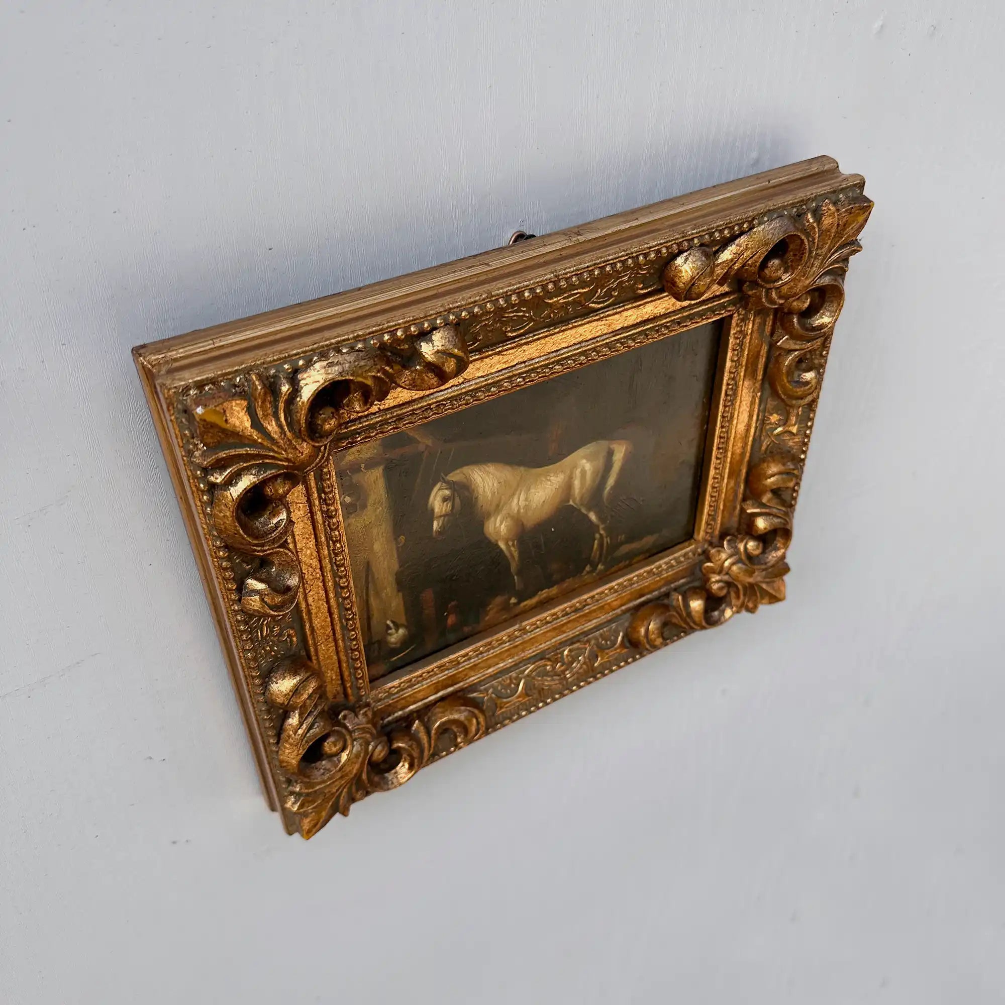 Vintage Horse Oil Painting | Baroque Carved Gold Frame | Mid-20th Century Artwork 26x21cm - Vintage Oil Painting - Arden Gallery