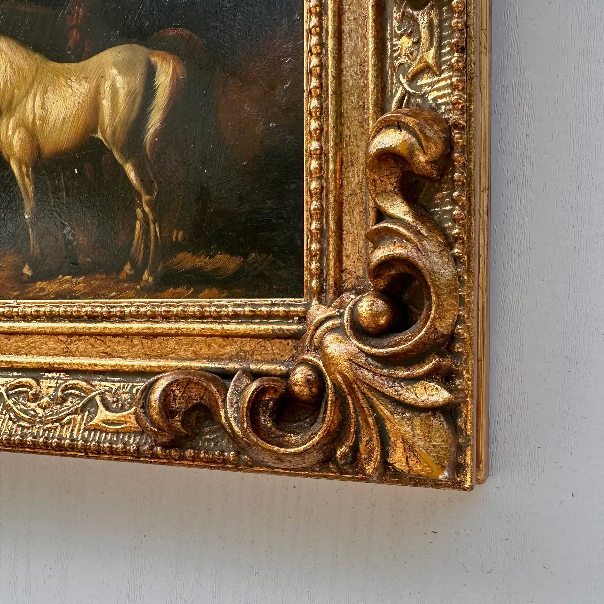 Vintage Horse Oil Painting | Baroque Carved Gold Frame | Mid-20th Century Artwork 26x21cm - Vintage Oil Painting - Arden Gallery