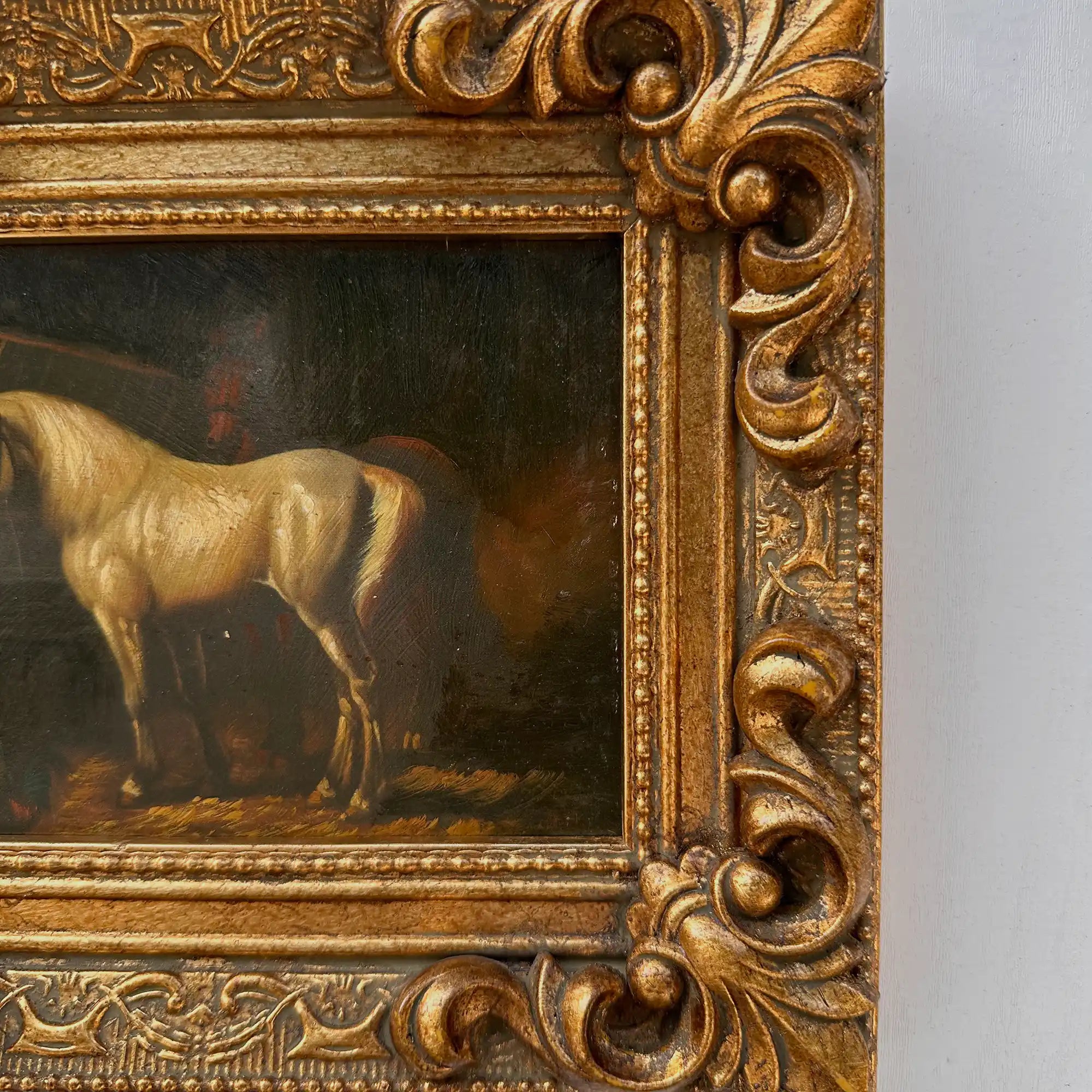 Vintage Horse Oil Painting | Baroque Carved Gold Frame | Mid-20th Century Artwork 26x21cm - Vintage Oil Painting - Arden Gallery