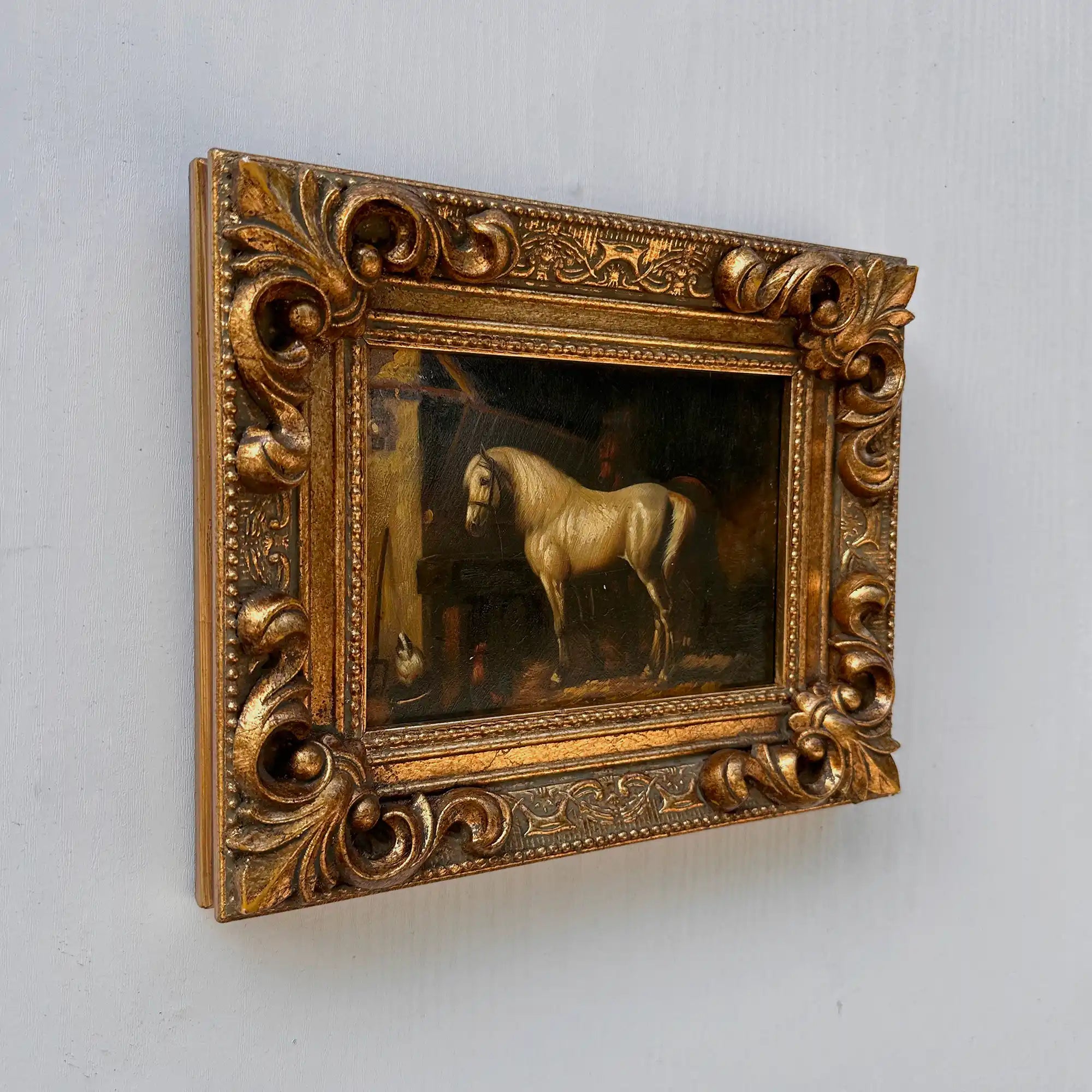 Vintage Horse Oil Painting | Baroque Carved Gold Frame | Mid-20th Century Artwork 26x21cm - Vintage Oil Painting - Arden Gallery