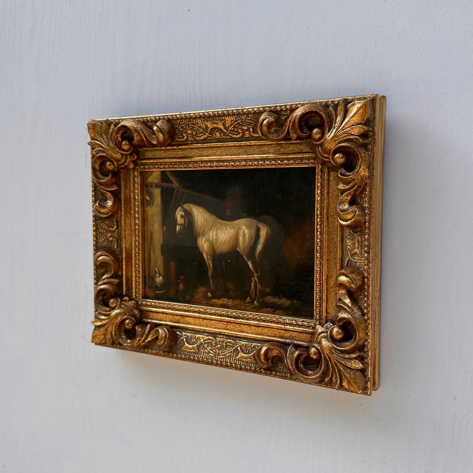 Vintage Horse Oil Painting | Baroque Carved Gold Frame | Mid-20th Century Artwork 26x21cm - Vintage Oil Painting - Arden Gallery