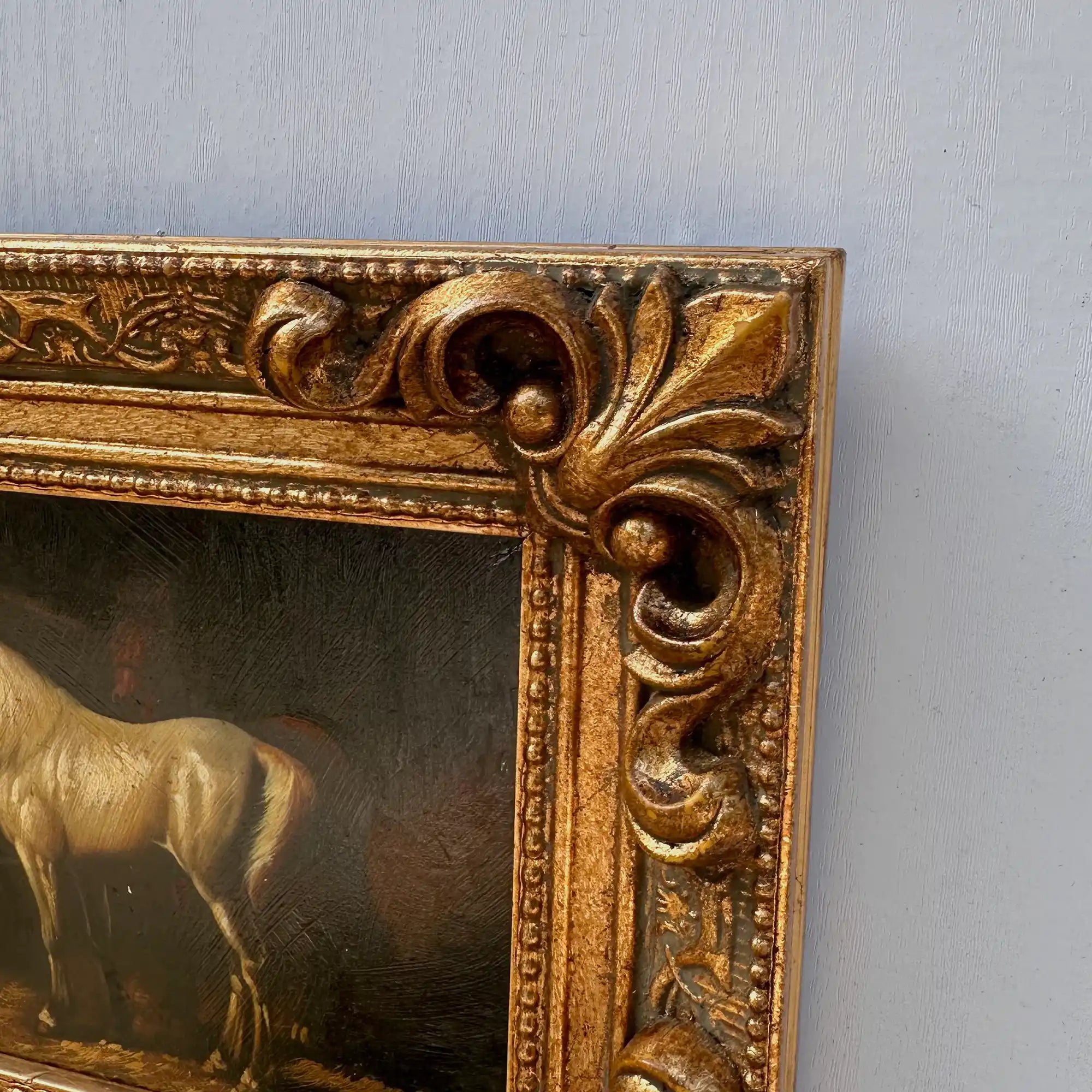 Vintage Horse Oil Painting | Baroque Carved Gold Frame | Mid-20th Century Artwork 26x21cm - Vintage Oil Painting - Arden Gallery