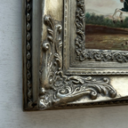 Vintage Horse Oil Painting, Black and White Rearing Horse Artwork, Ornate Silver Gold Framed Collectible Art 18.5×16.5 in - Vintage Oil Painting - Arden Gallery