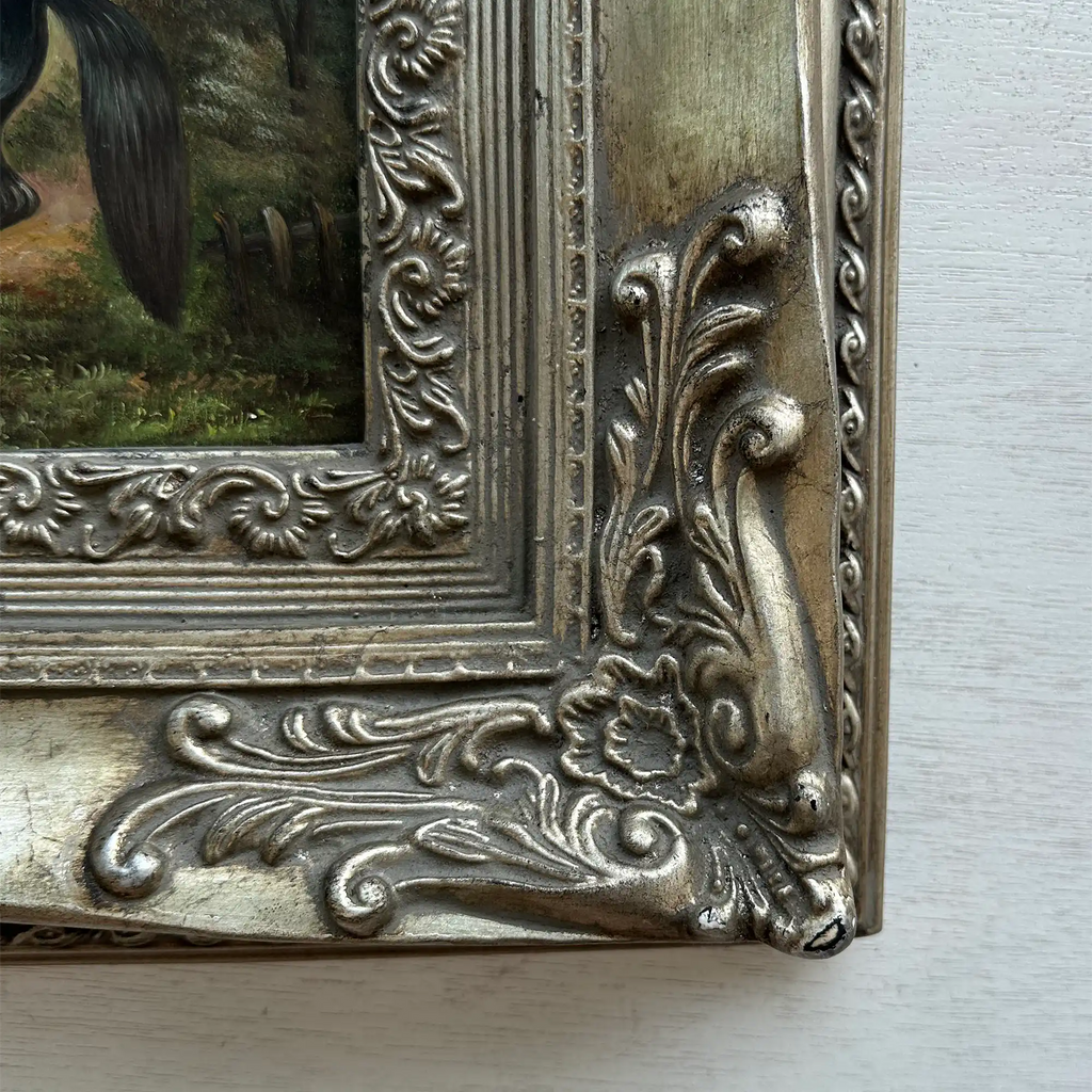 Vintage Horse Oil Painting, Black and White Rearing Horse Artwork, Ornate Silver Gold Framed Collectible Art 18.5×16.5 in - Vintage Oil Painting - Arden Gallery