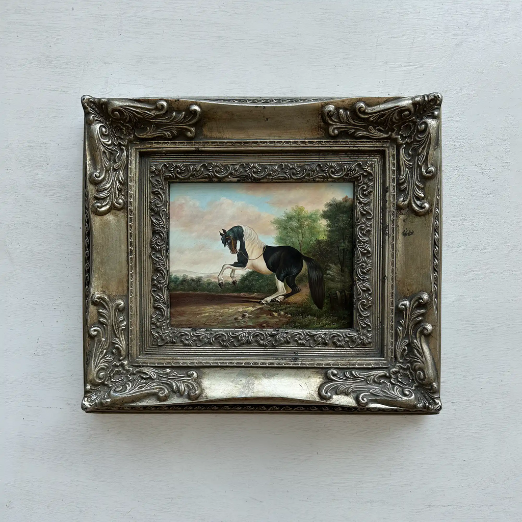 Vintage Horse Oil Painting, Black and White Rearing Horse Artwork, Ornate Silver Gold Framed Collectible Art 18.5×16.5 in - Vintage Oil Painting - Arden Gallery