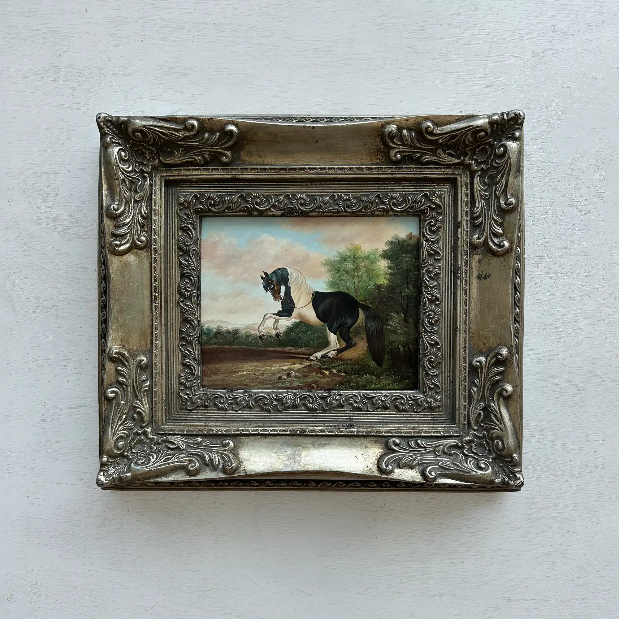 Vintage Horse Oil Painting, Black and White Rearing Horse Artwork, Ornate Silver Gold Framed Collectible Art 18.5×16.5 in - Vintage Oil Painting - Arden Gallery