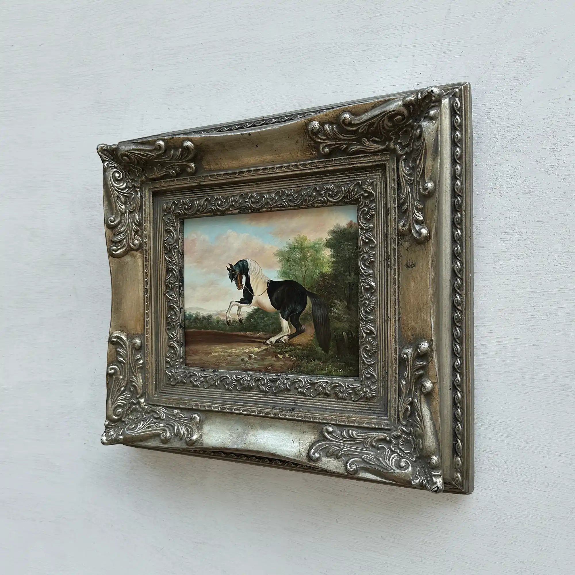 Vintage Horse Oil Painting, Black and White Rearing Horse Artwork, Ornate Silver Gold Framed Collectible Art 18.5×16.5 in - Vintage Oil Painting - Arden Gallery