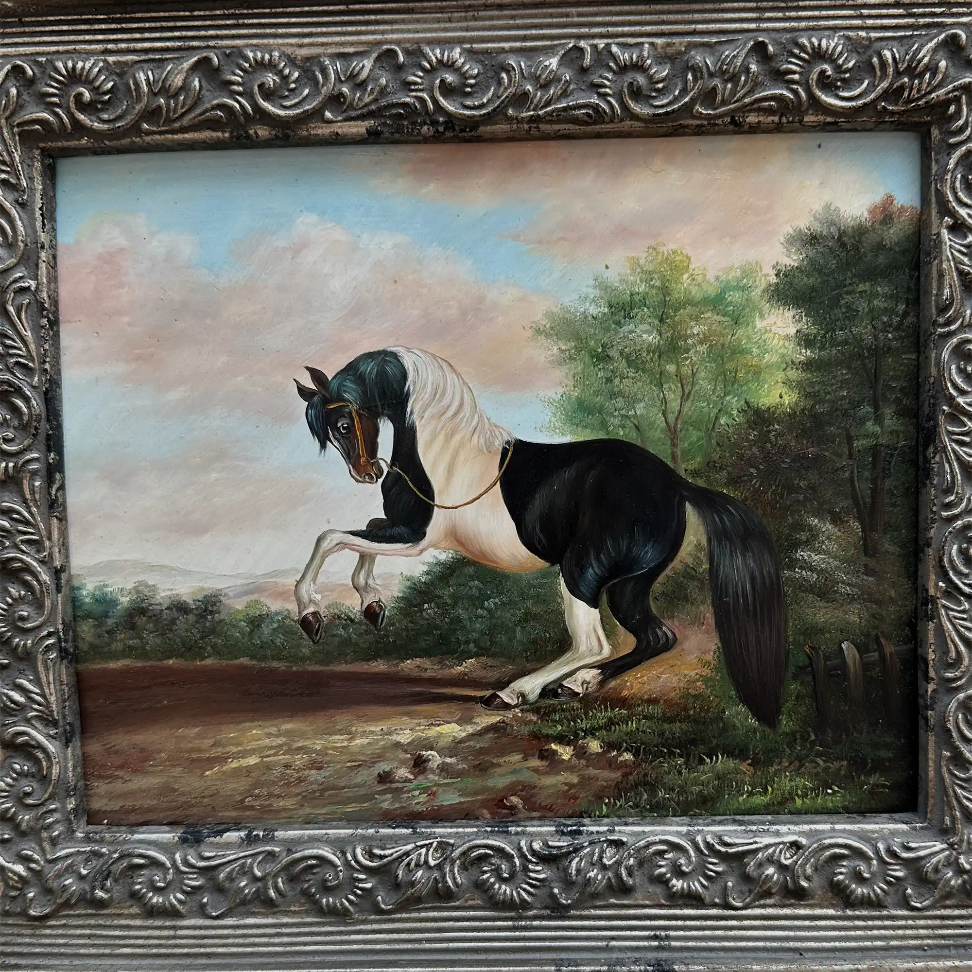 Vintage Horse Oil Painting, Black and White Rearing Horse Artwork, Ornate Silver Gold Framed Collectible Art 18.5×16.5 in - Vintage Oil Painting - Arden Gallery