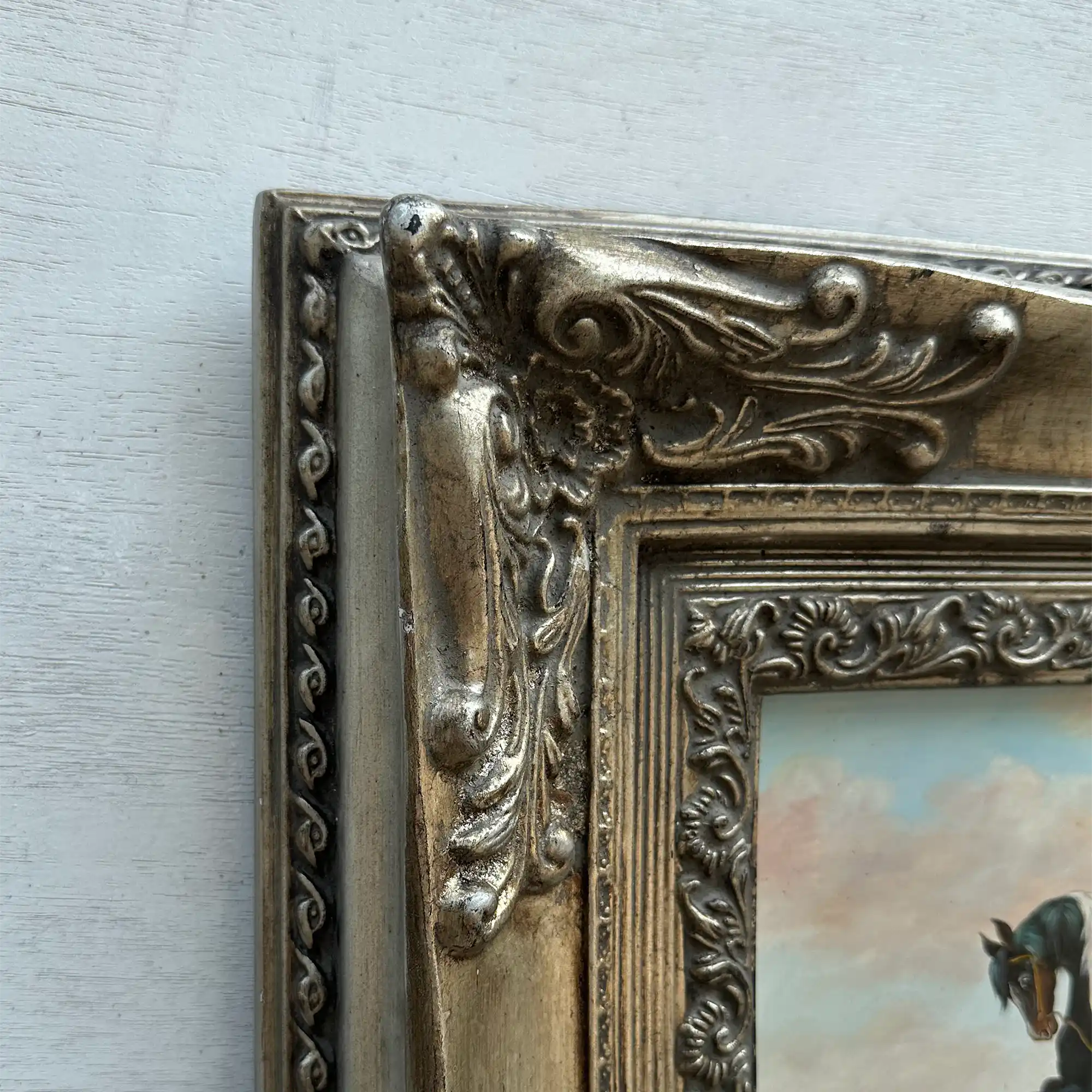 Vintage Horse Oil Painting, Black and White Rearing Horse Artwork, Ornate Silver Gold Framed Collectible Art 18.5×16.5 in - Vintage Oil Painting - Arden Gallery