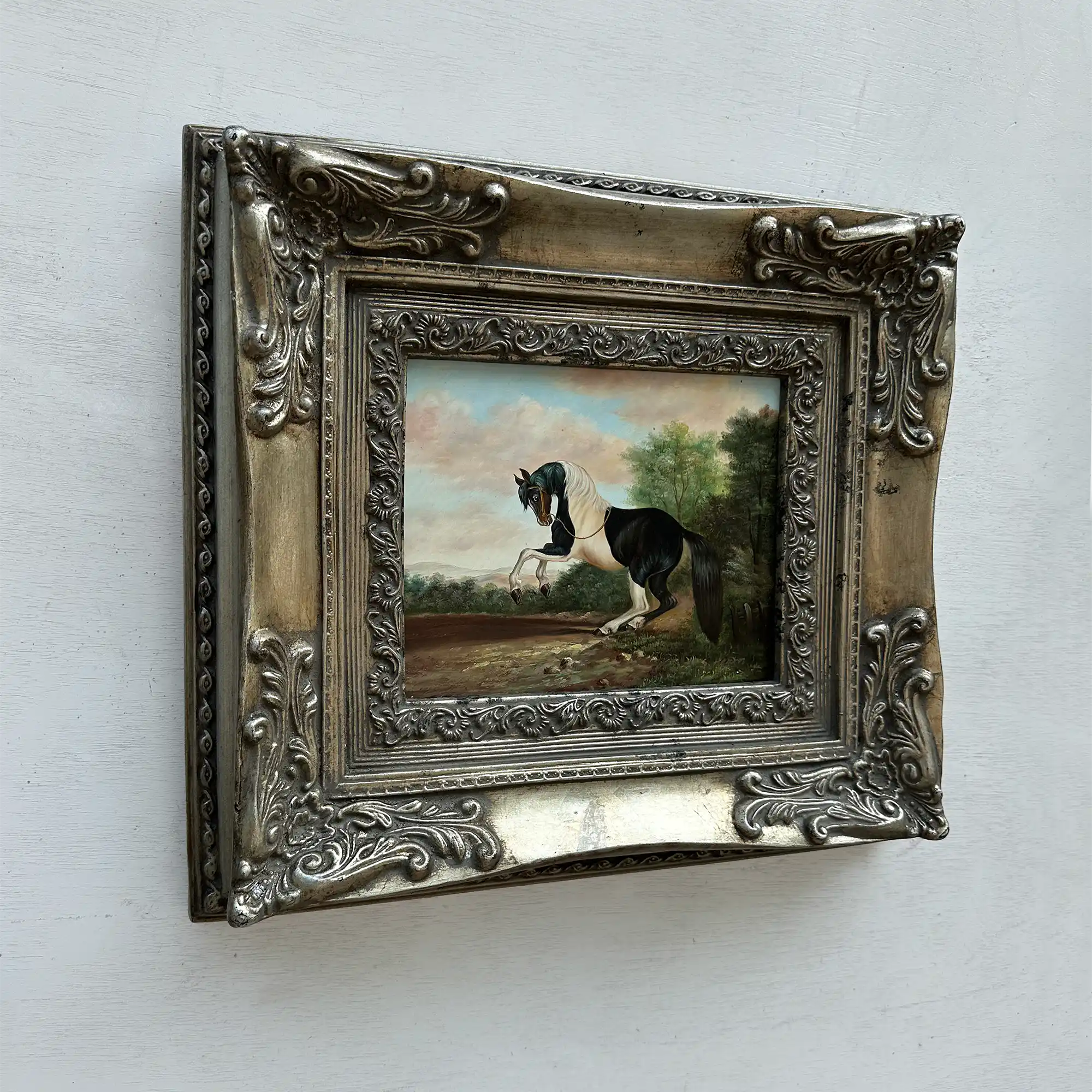 Vintage Horse Oil Painting, Black and White Rearing Horse Artwork, Ornate Silver Gold Framed Collectible Art 18.5×16.5 in - Vintage Oil Painting - Arden Gallery