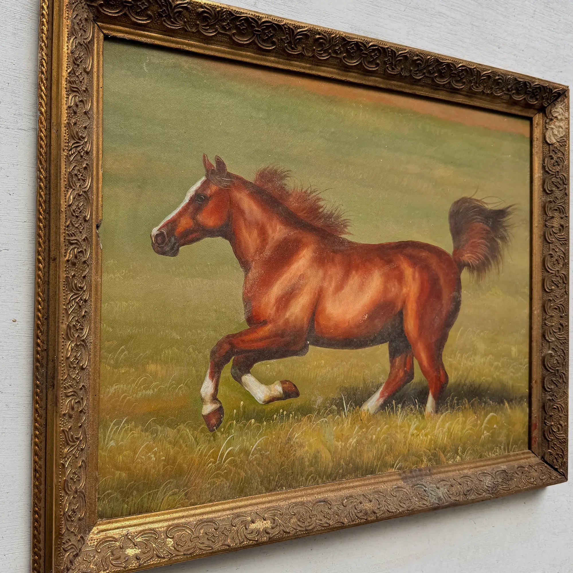 Vintage Horse Painting, Classic Hand Painted Equine Artwork, Ornate Wood Framed Collectible Oil Art - Vintage Oil Painting - Arden Gallery